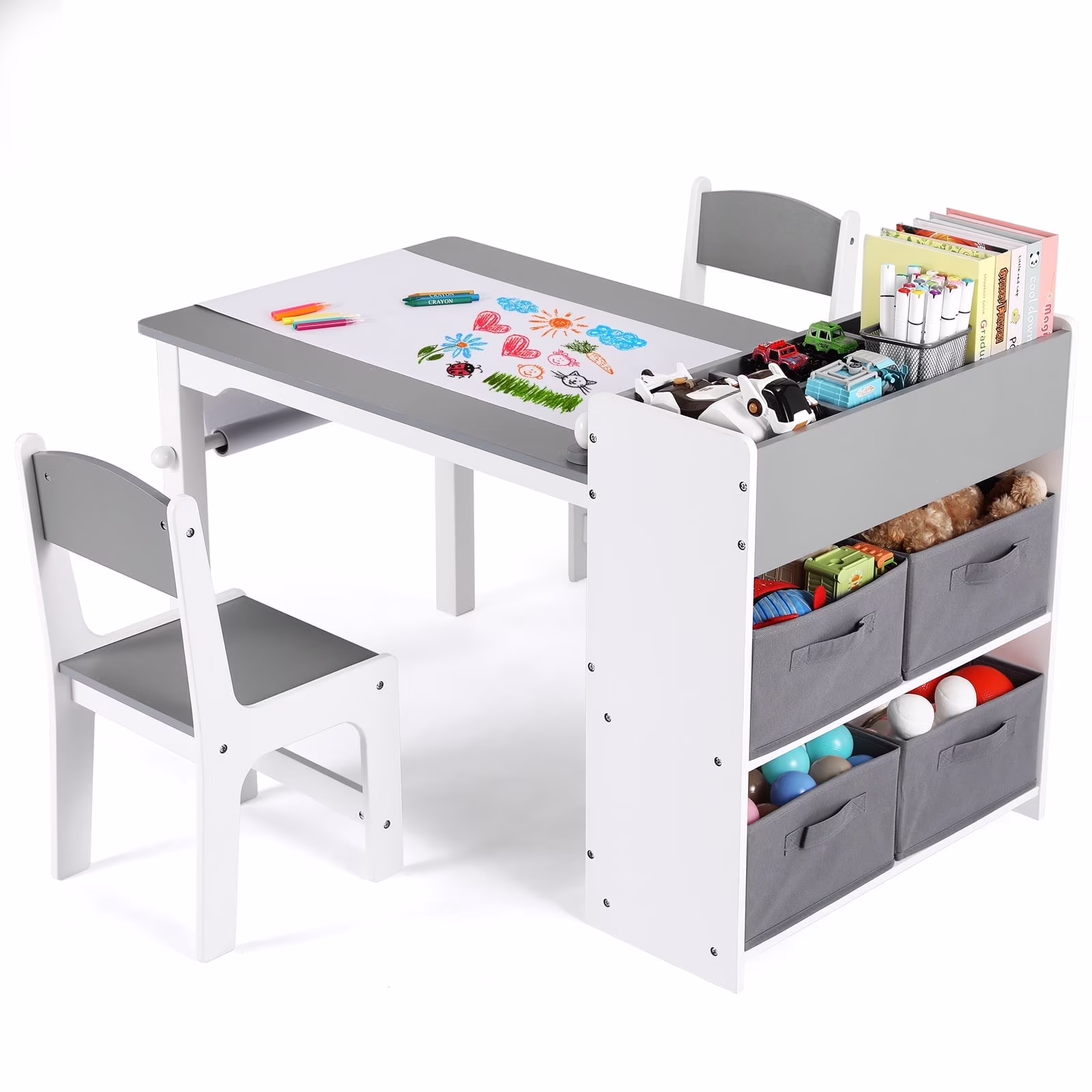 Pirecart Kids Art Table and 2 Chairs Toddler Craft Set Wooden Play Activity Drawing Table with 4 Storage Bins and Paper Roll - Image 3