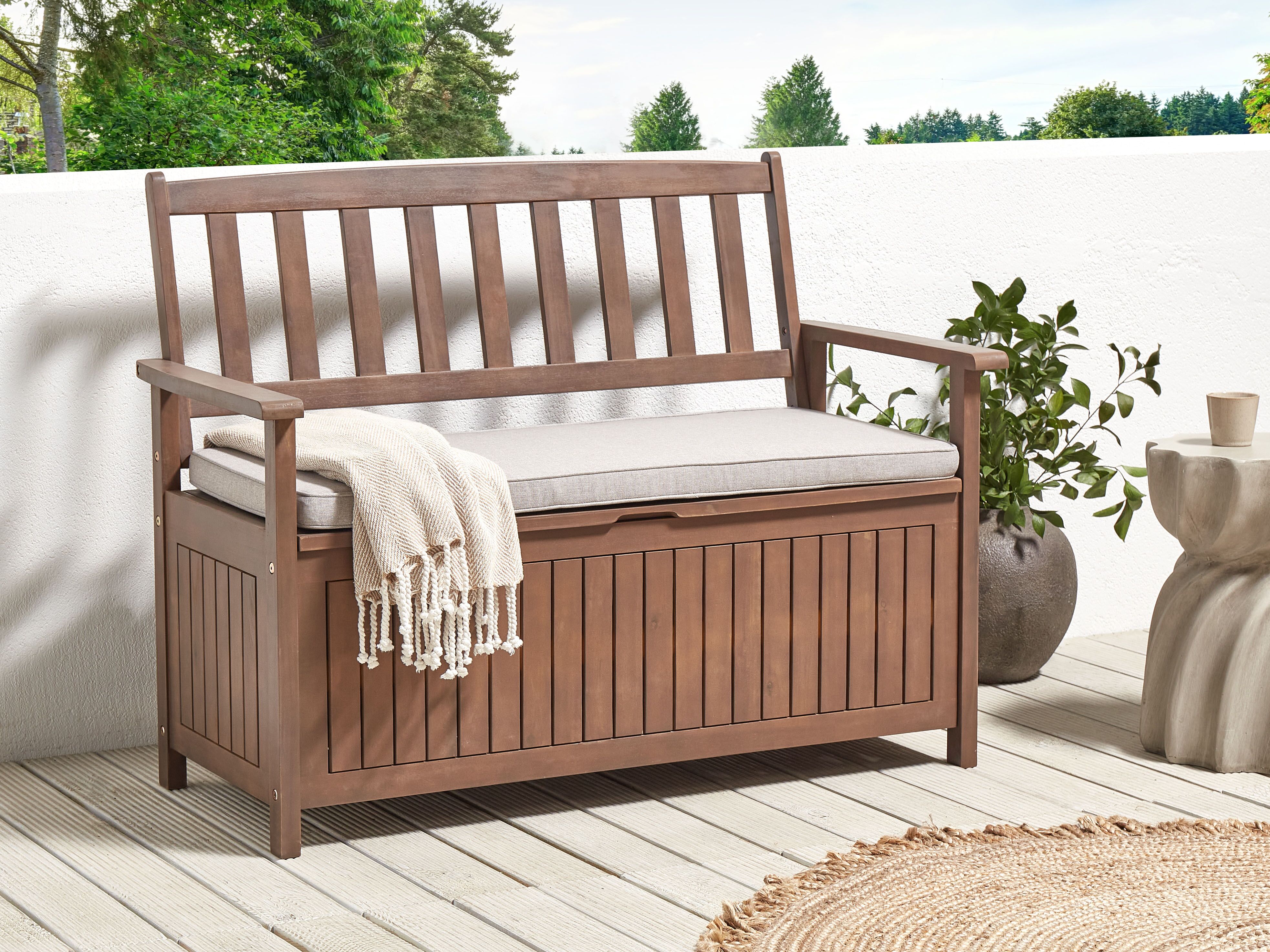 Garden Bench with Cushion SOVANA 120 cm with Storage Acacia Wood Light Grey
