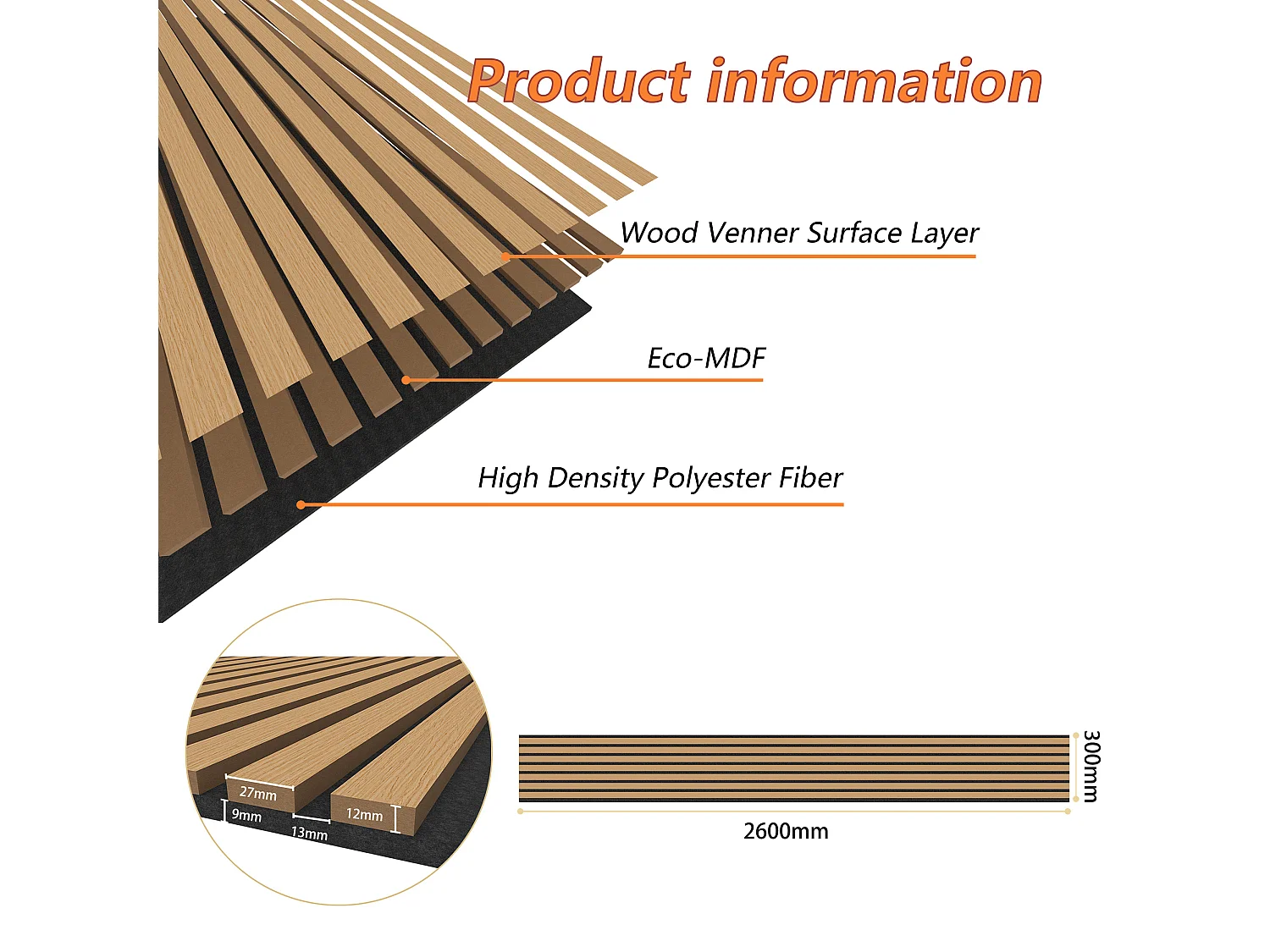 Lot de 2 Panneaux Muraux Décoratifs Acoustiques Bois MDF 260x30cm Chêne foncé  AntiBruit, Facile à Poser