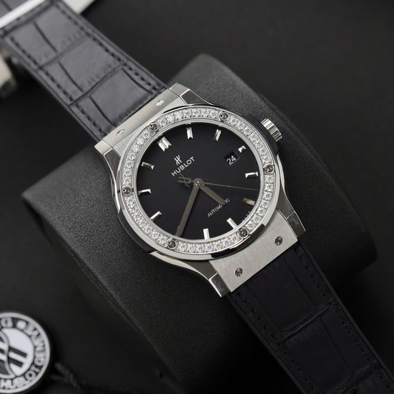 Hublot Classic Fusion Titanium Replica Watch Black Dial Custom Moissanite Diamonds 42mm - Top club