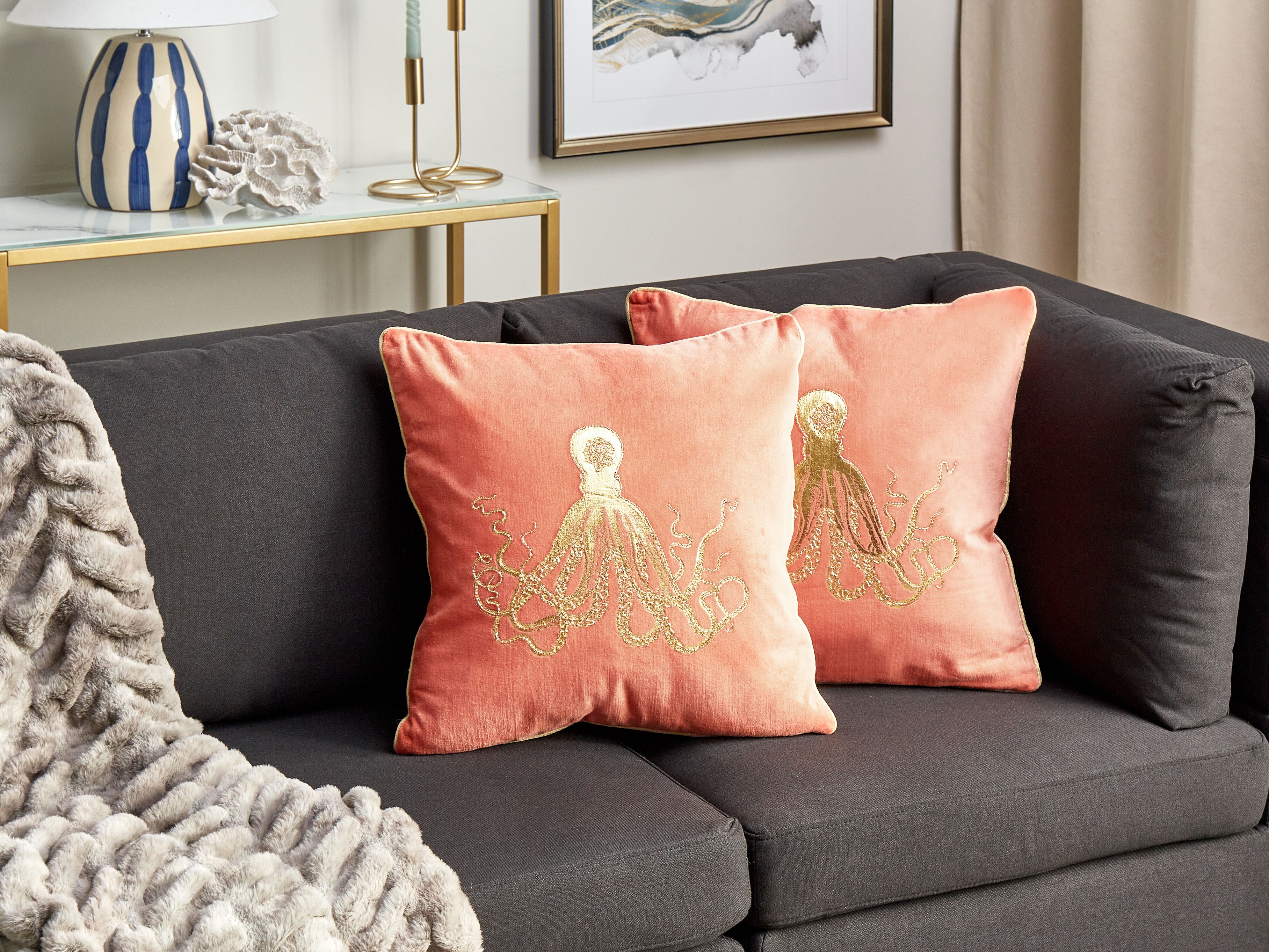 Set of 2 Decorative Cushions LAMINARIA Velvet 45 x 45 cm Coral Animal Pattern