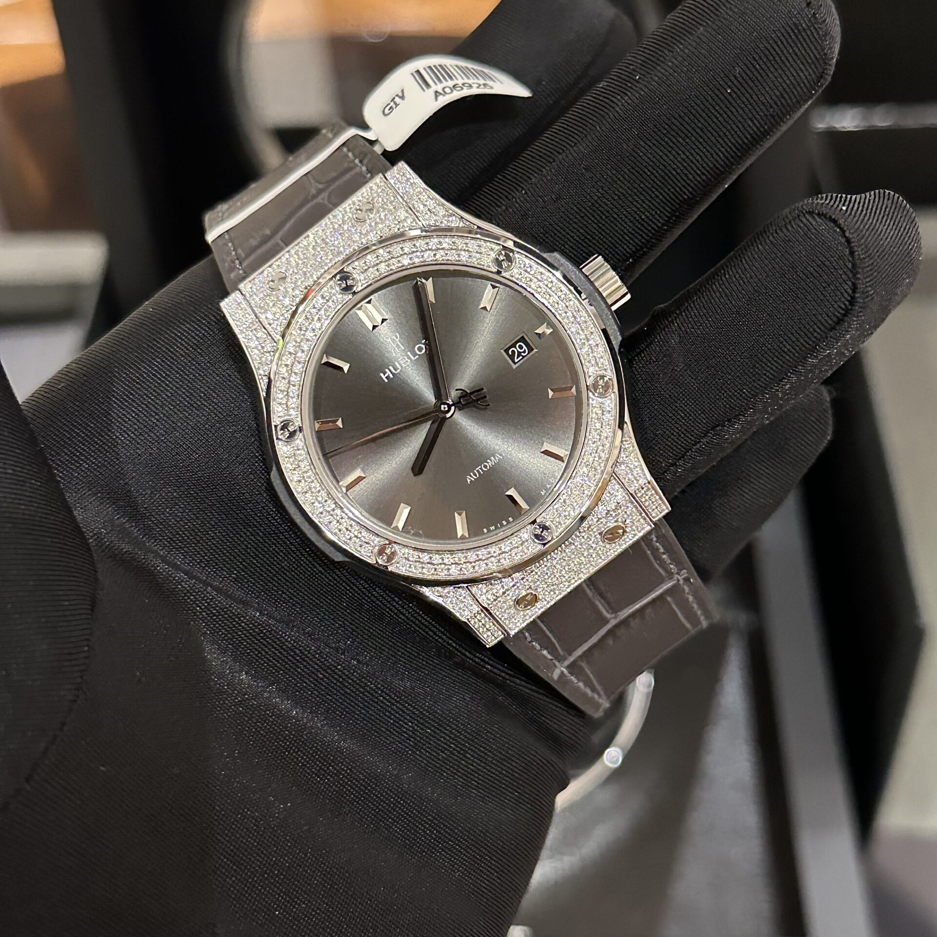 Hublot Replica 1:1 Watch Classic Fusion Full Diamond Moissanite Grey Dial 42mm - Elite Watch Atelier