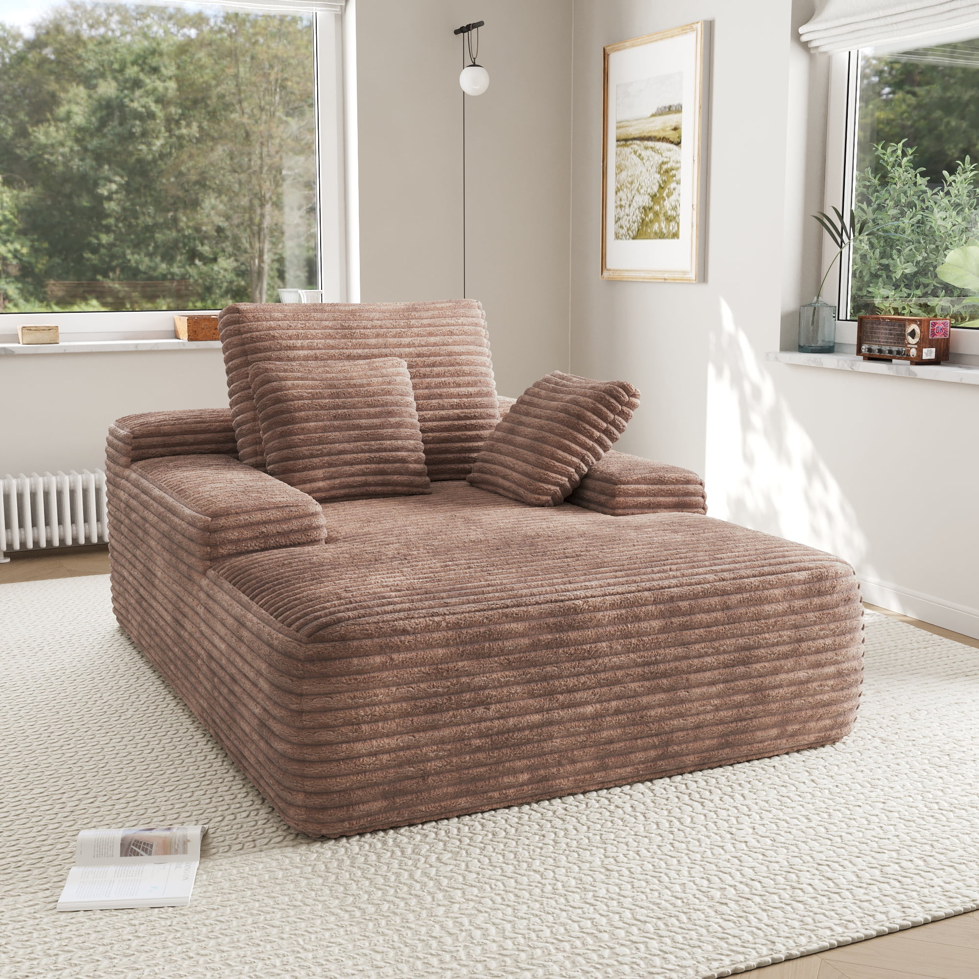 Sodrens Oversized Chaise Lounge Chair Indoor,Upholstered Sofa Bed with Throw Pillows and Armrests,Sleeper Chair for Living Room,Bedroom,Brown,Corduroy - Image 6