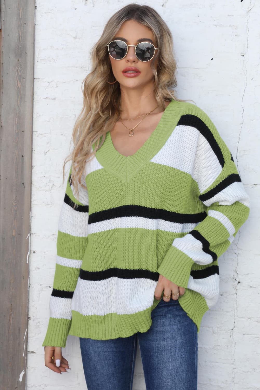 Color Block V-Neck Dropped Shoulder Sweater - ZKZOOK