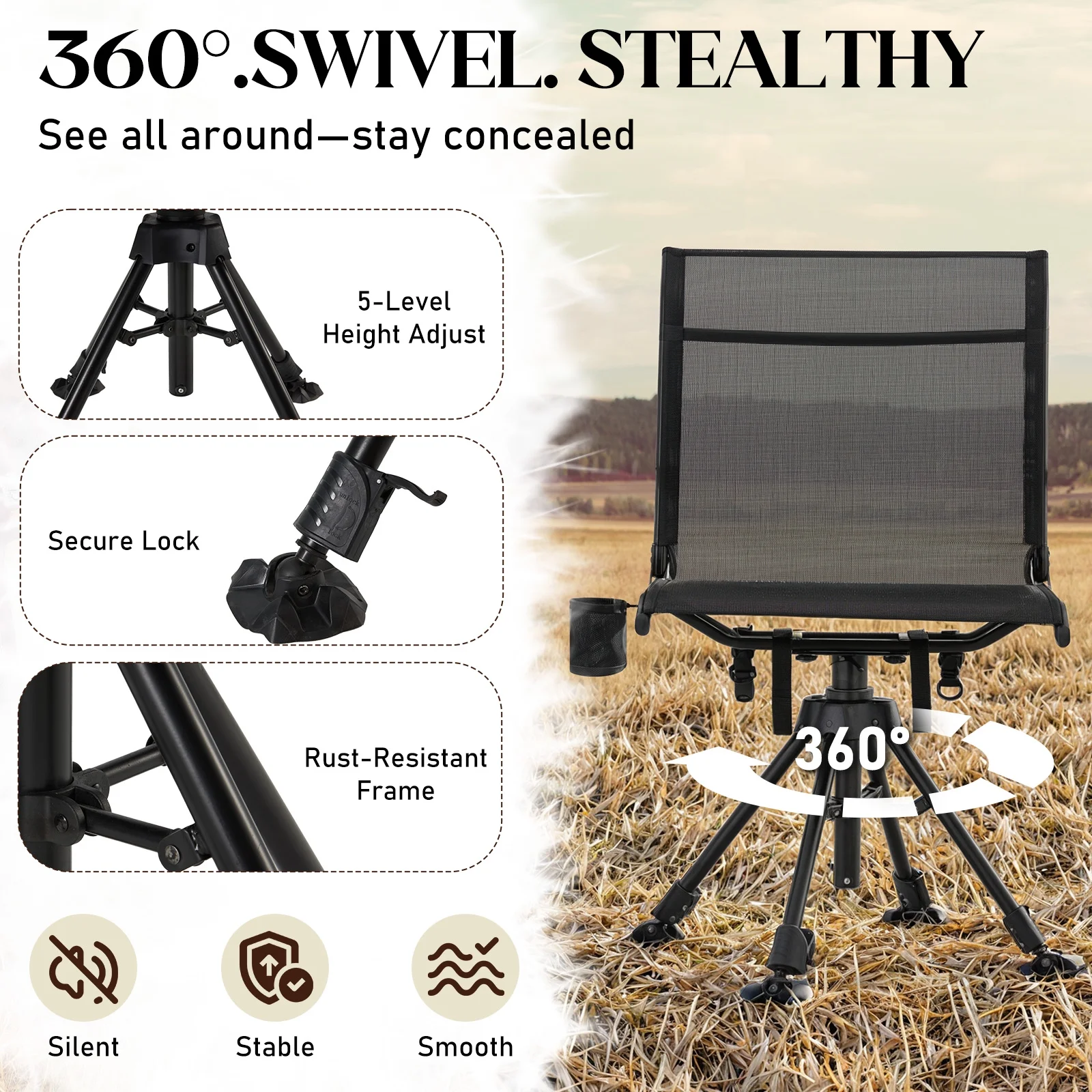 Danrelax 360�� Silent Camo Hunting Blind Chair, Armrests, Side Pouch, Telescopic Legs - Image 52