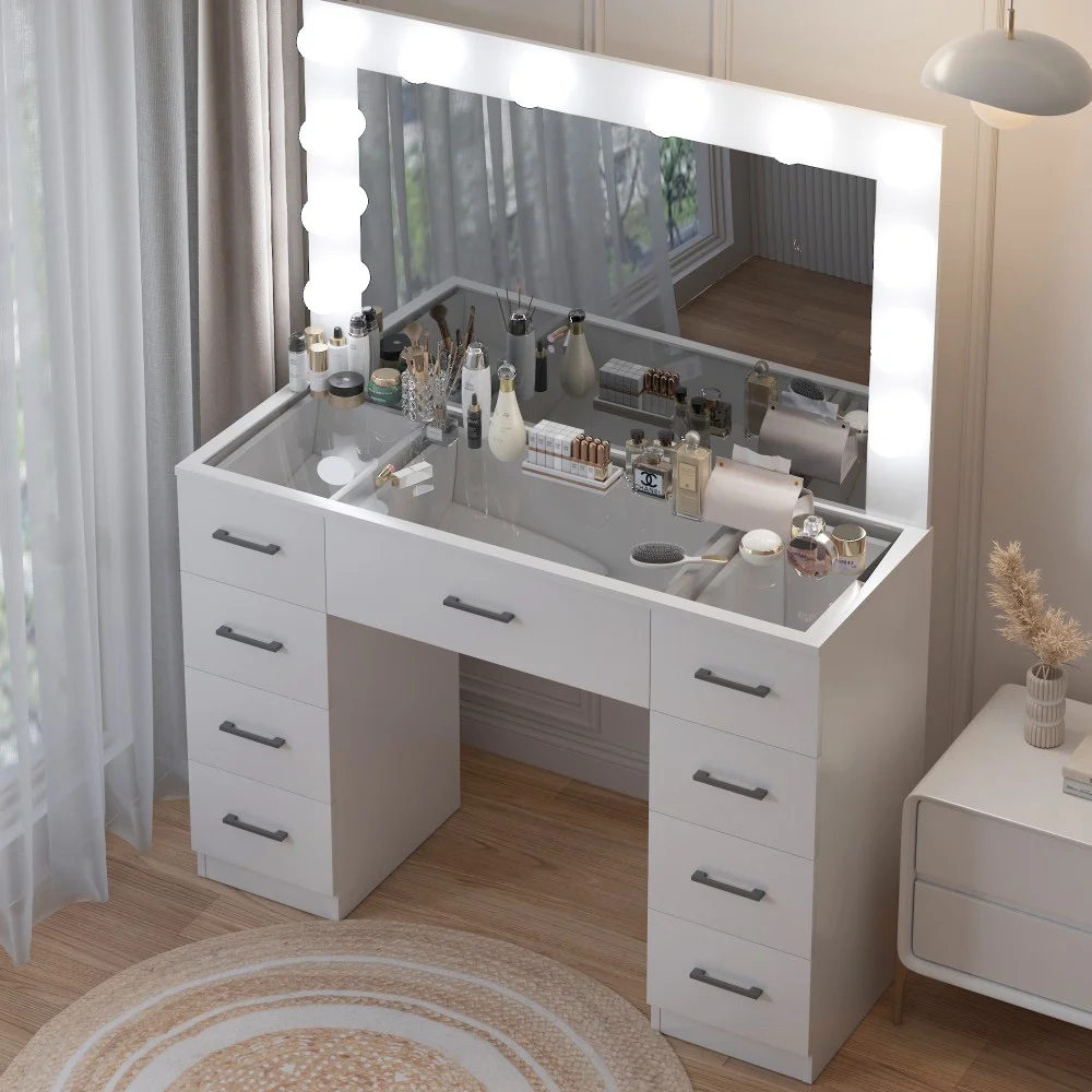 Ktaxon Large Makeup Vanity, Vanity Table Set w/ Visible Glass Top w/ Charging Station, White - Image 10