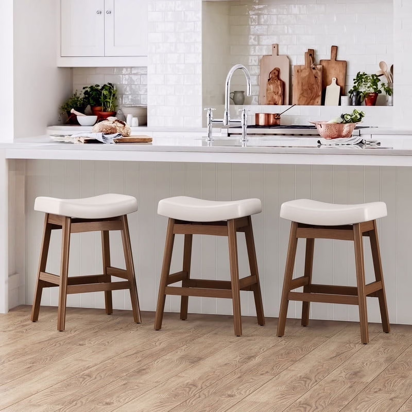 Dycanpo Saddle Seat Counter Height Bar Stools Set of 3 for Kitchen, Dining, 24in, Beige-Fabric - Image 6