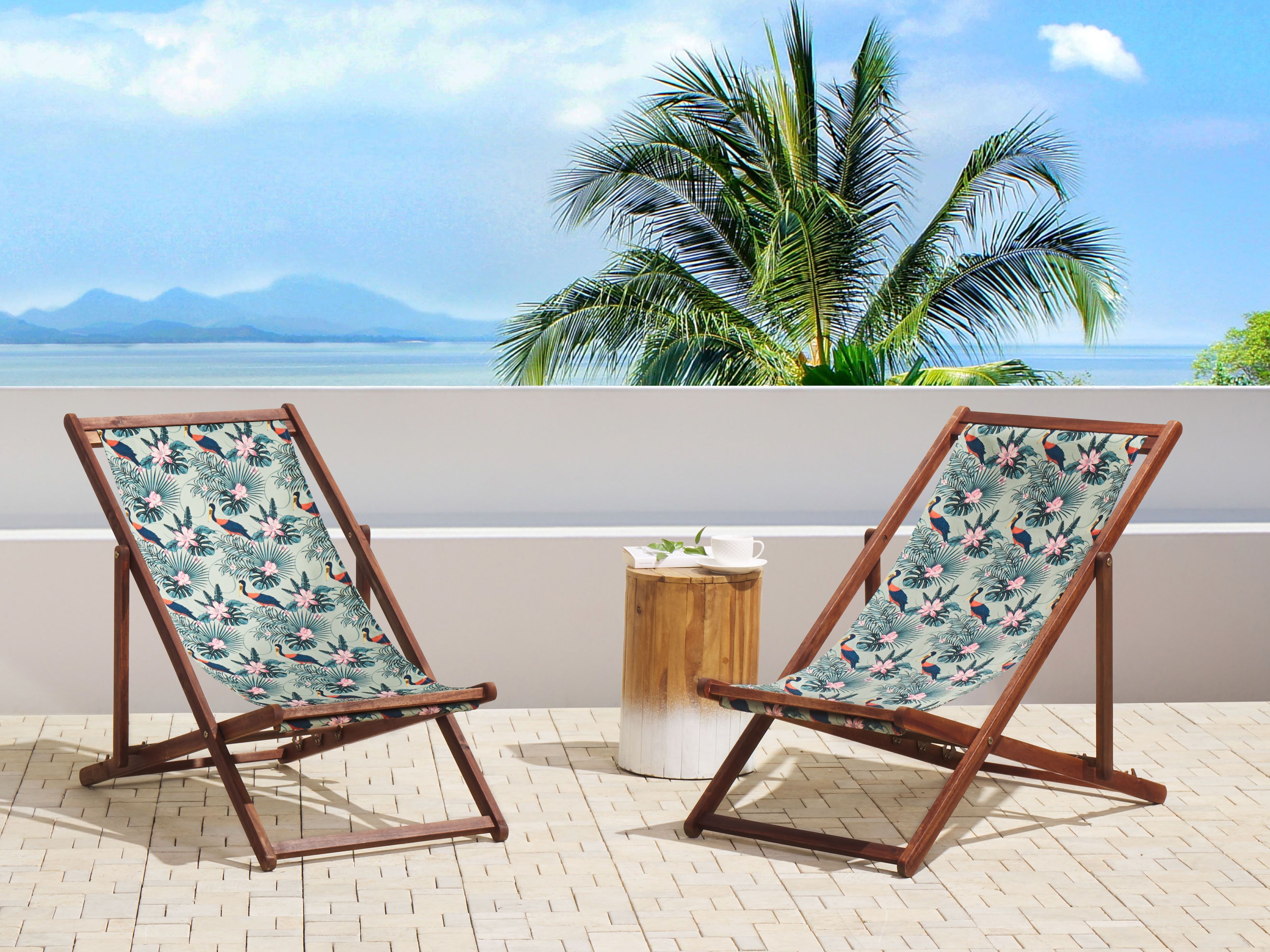 Set of 2 Folding Deck Chairs ANZIO with Replacement Fabrics Animal Motif Acacia Wood Dark Brown