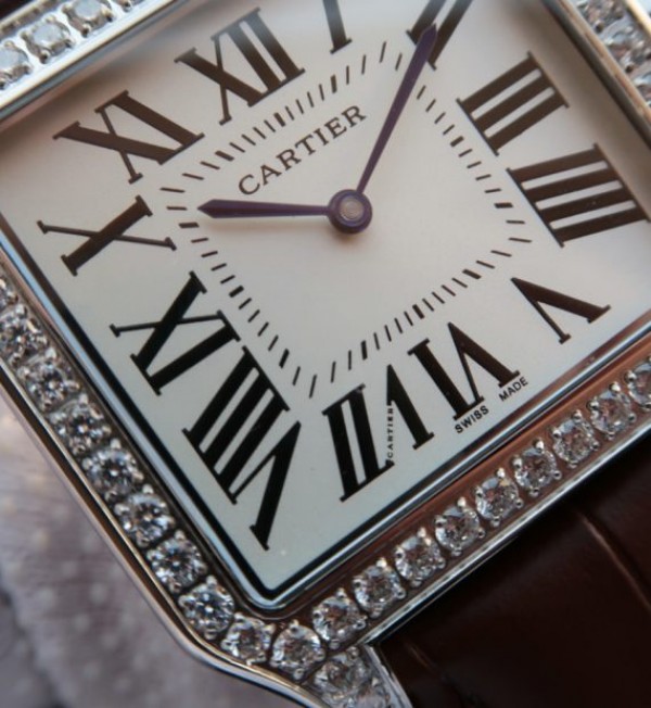 Replica Cartier Santos WH100651 Diamond SS White Dial Leather Strap A9015 - Elite Watch Atelier