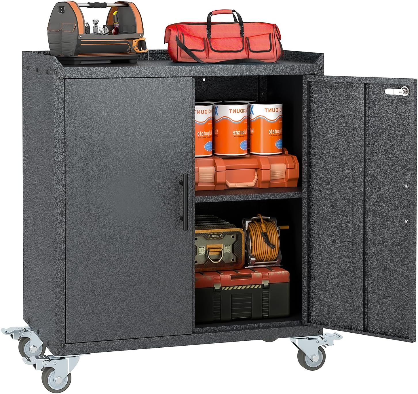 Metal Garage Storage Cabinet with Wheels, Tall Locking Cabinet with Doors and Shelves, Tool Storage Cabinets for Garage, Home Office (Black,35.6