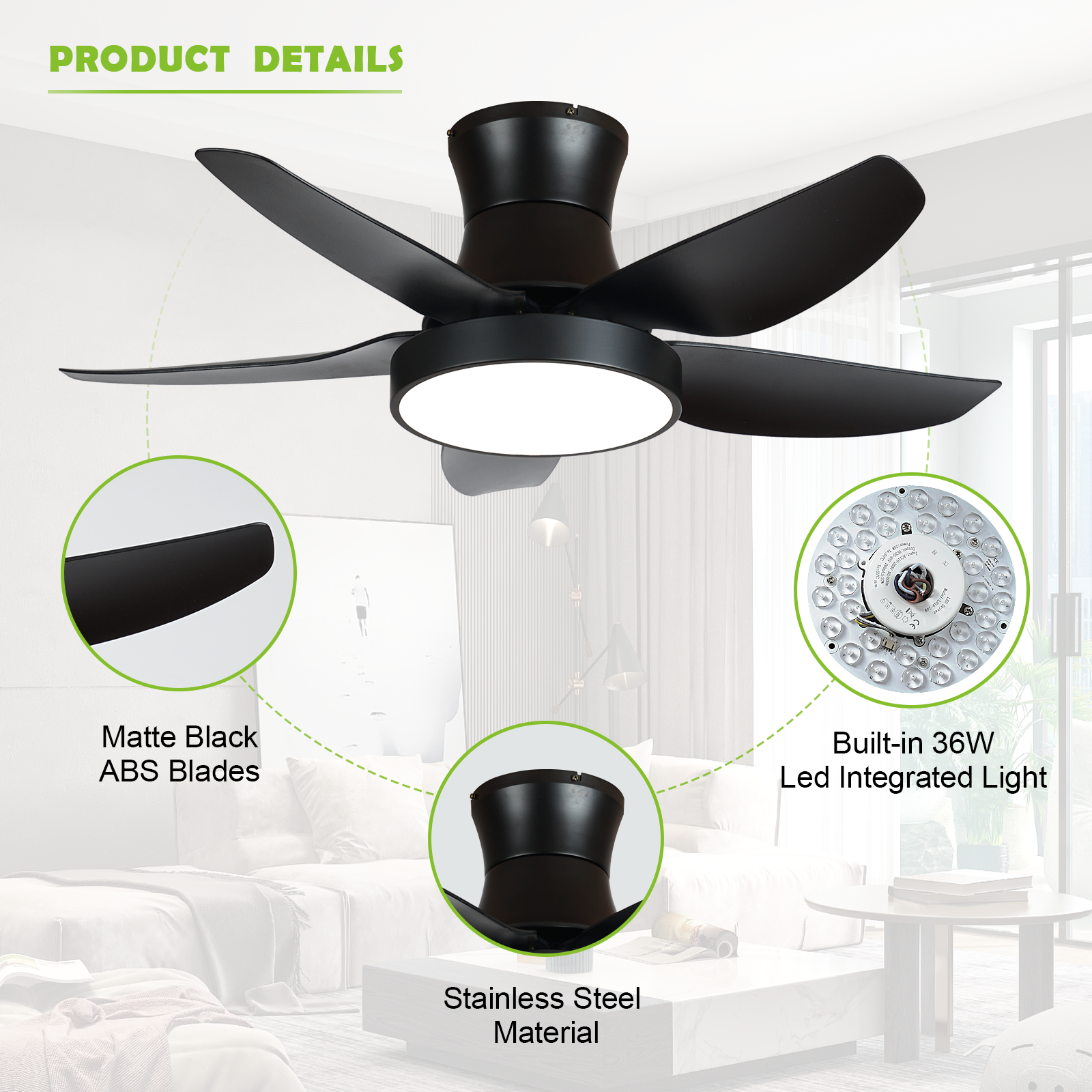 ALUOCYI 42inch Ceiling Fan with Lights and Remote,Modern Low Proflie Ceiling Fans with Dimmable Light for Outdoor/Indoor,Bedroom,Livingroom,Matte Black