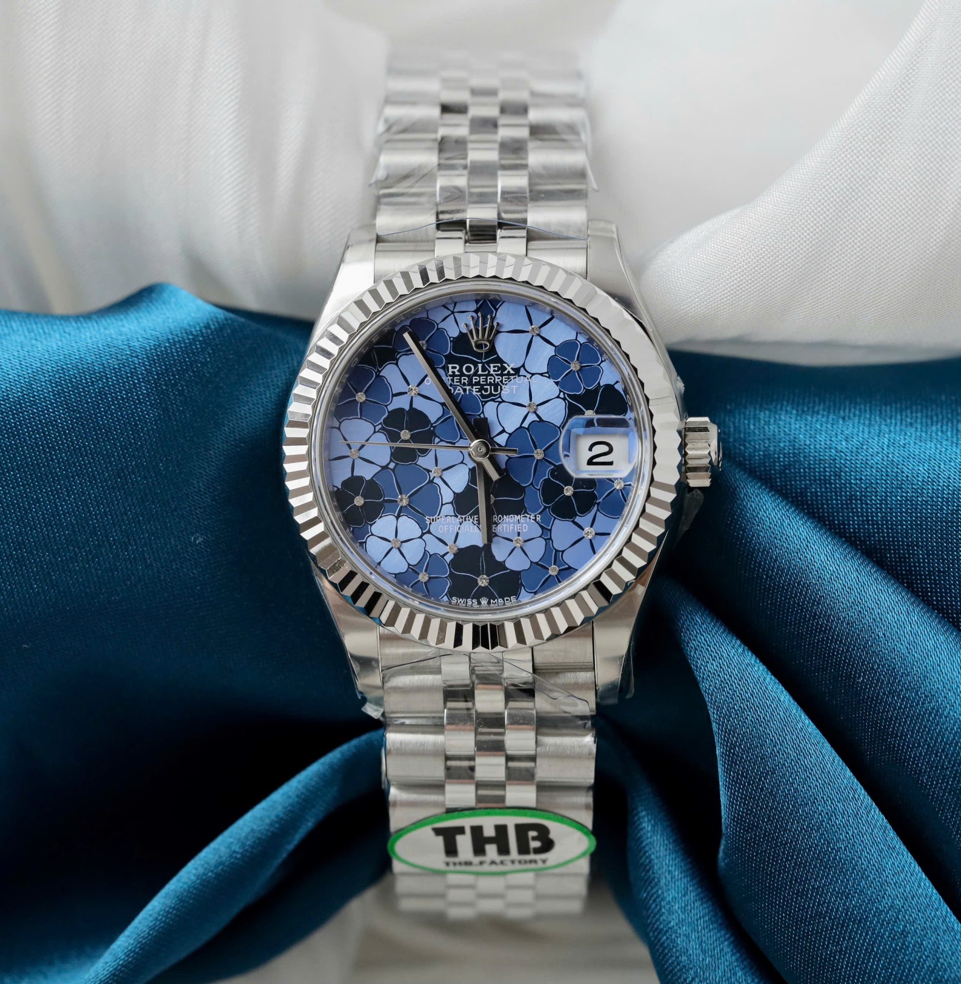 Rolex DateJust Replica Watch Women Blue Flower Dial THB Factory 31mm - Elite Watch Atelier