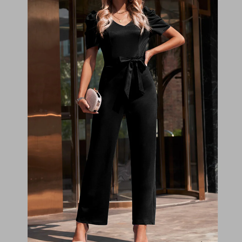 Belted Puff Sleeve V-Neck Jumpsuit - ZKZOOK