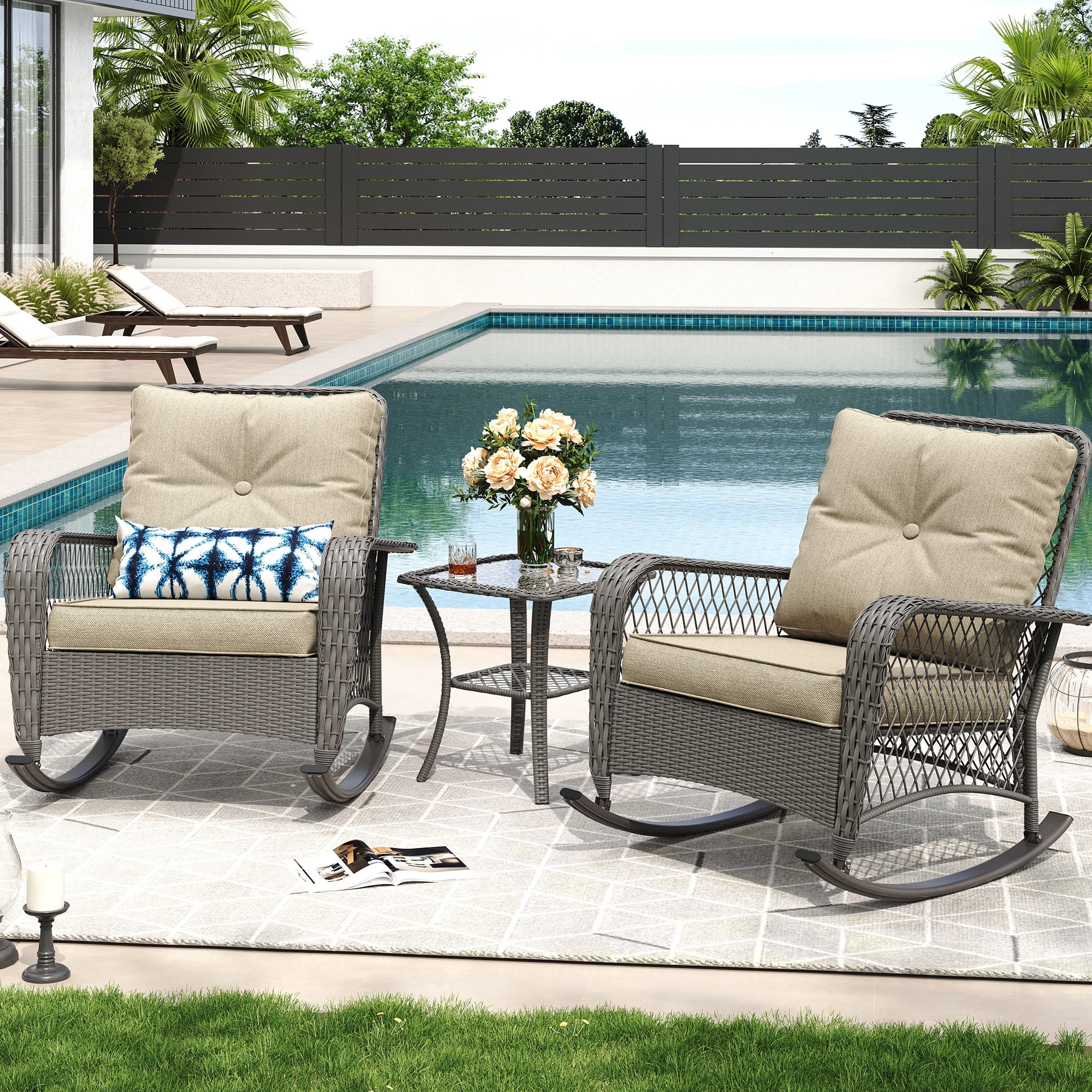 ELPOSUN 3-Piece Outdoor Rocking Chairs, Wicker Patio Furniture with Thickened Cushions and Table for Porch - Image 45