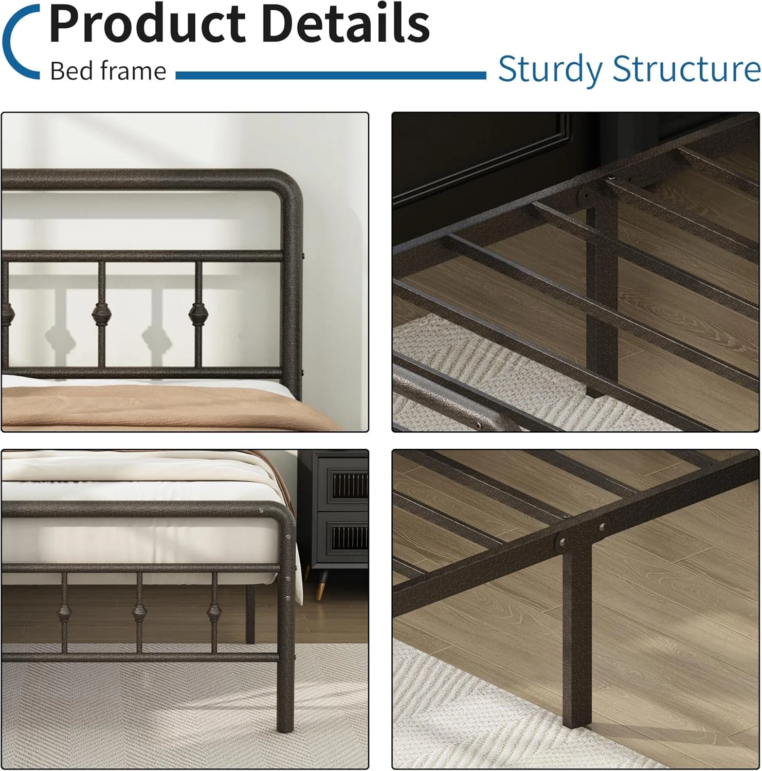 16 Inch Twin XL Bed Frame with Headboard and Footboard, Classic Metal Platform No Box Spring Needed Heavy Duty Victorian Style Iron-Art Mattress Foundation, Under Bed Storage, Brown