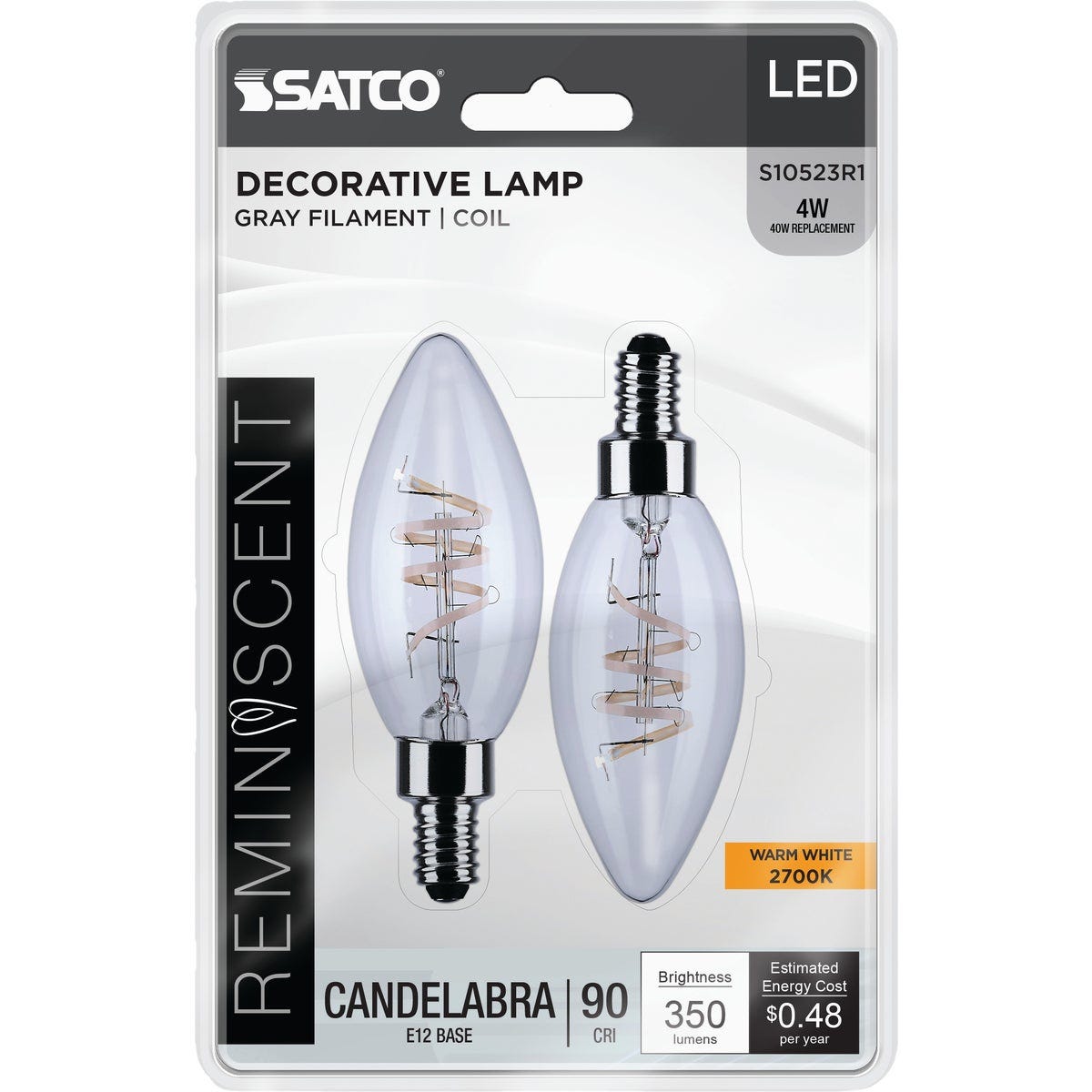 Satco Reminiscent 40W Equivalent Warm White B11 Gray Coil Filament Candelabra LED Decorative Light Bulb (2-Pack)