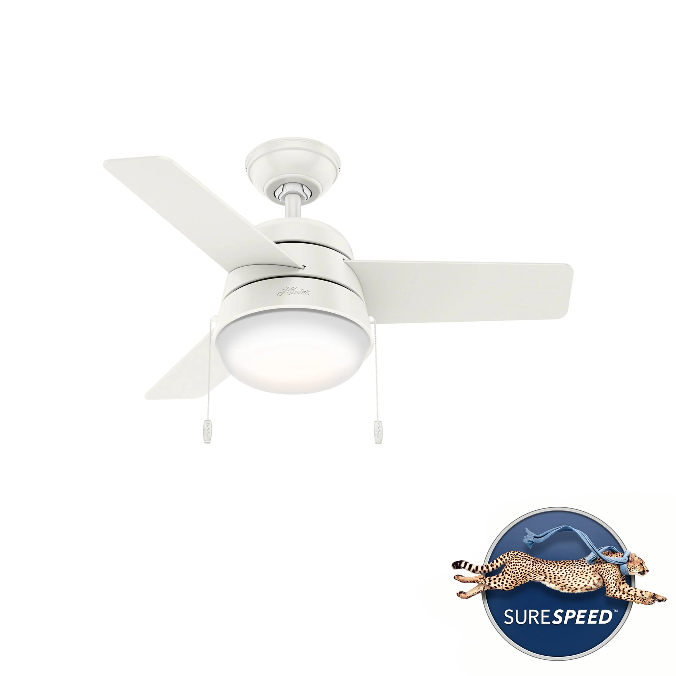 Hunter - Aker Indoor Ceiling Fan With Light, 36-inch, Fresh White, Modern-style, 3-speed WhisperWind Motor, 59301, for Living Rooms, Bedrooms