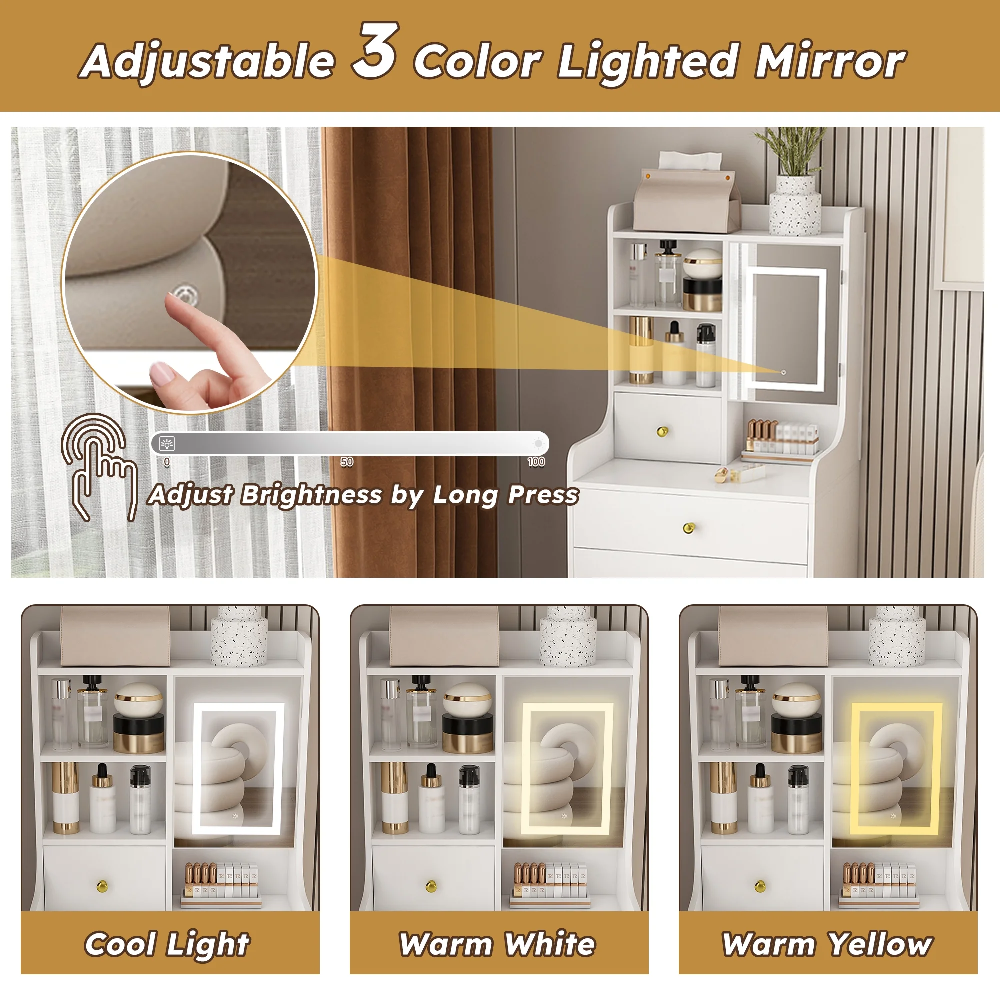 Montary Modern Mini Vanity w/Adjustable LED Mirror + Hidden Storage, Padded Stool & Dustproof Shelves (White) - Image 42