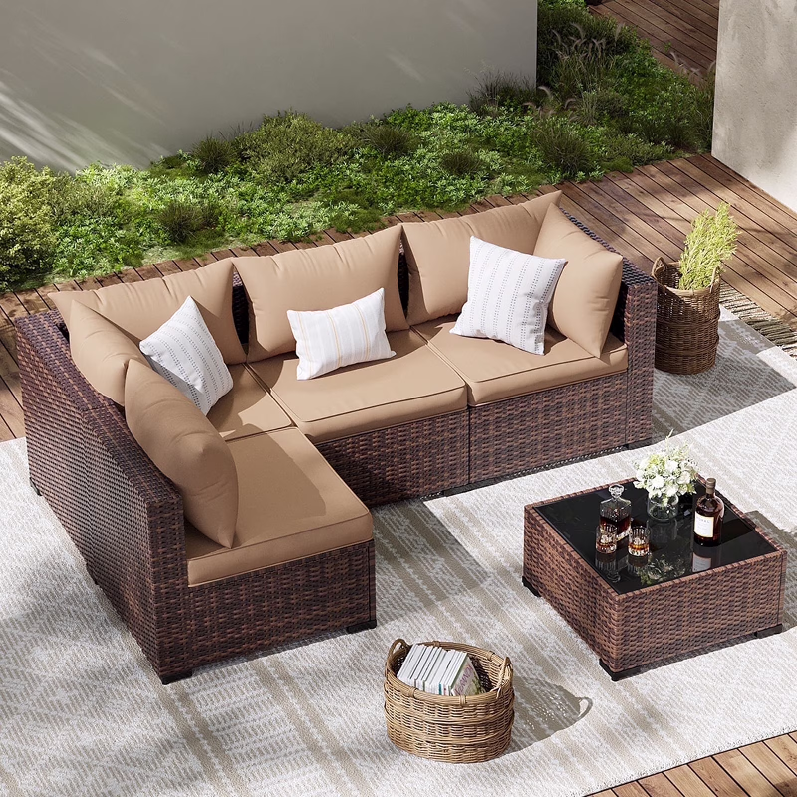 ELPOSUN Patio Furniture Set, Outdoor Patio Furniture Wicker Furniture Couch Set, 5 Pieces Outdoor Sectional Sofa, Patio Furniture Set, Outdoor Patio Set for Balcony Furniture (Grey) - Image 4