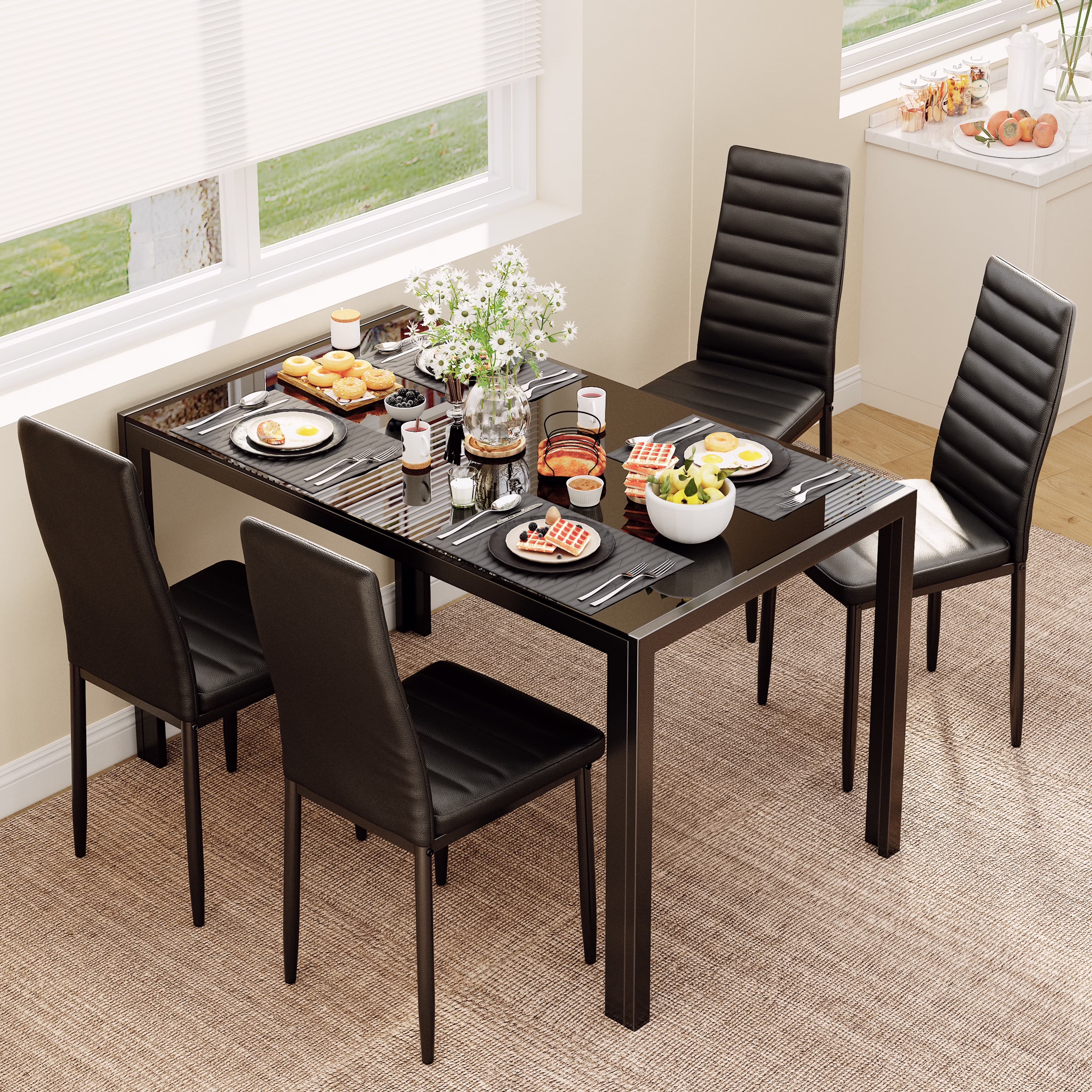Asofer Modern 7 Piece Dining Table Sets for 6, Glass Kitchen Table, PU Leather Chair, Dining Room, Black - Image 7