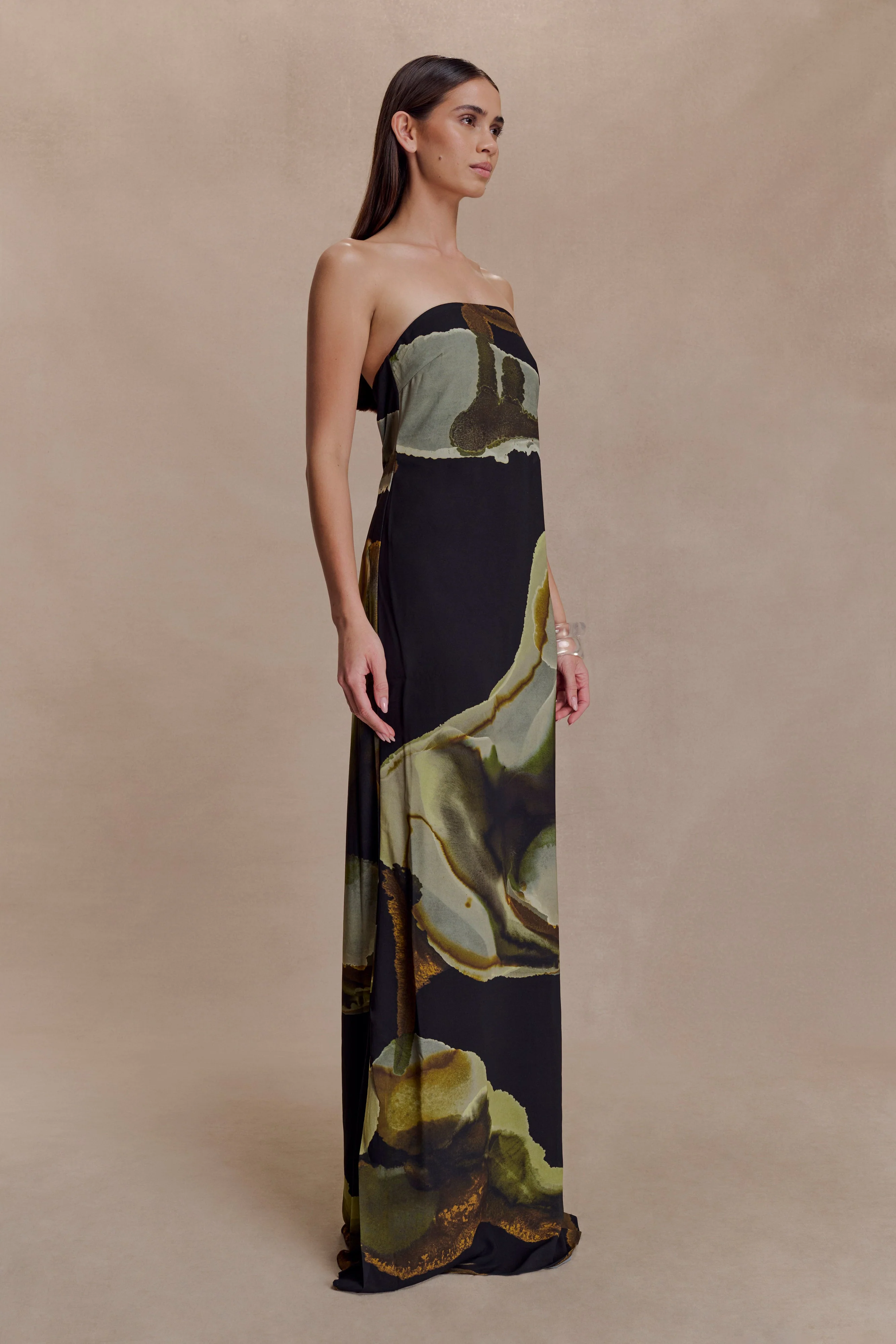 Amaya Strapless Chiffon Maxi Dress - Green Fluid Reverie Print