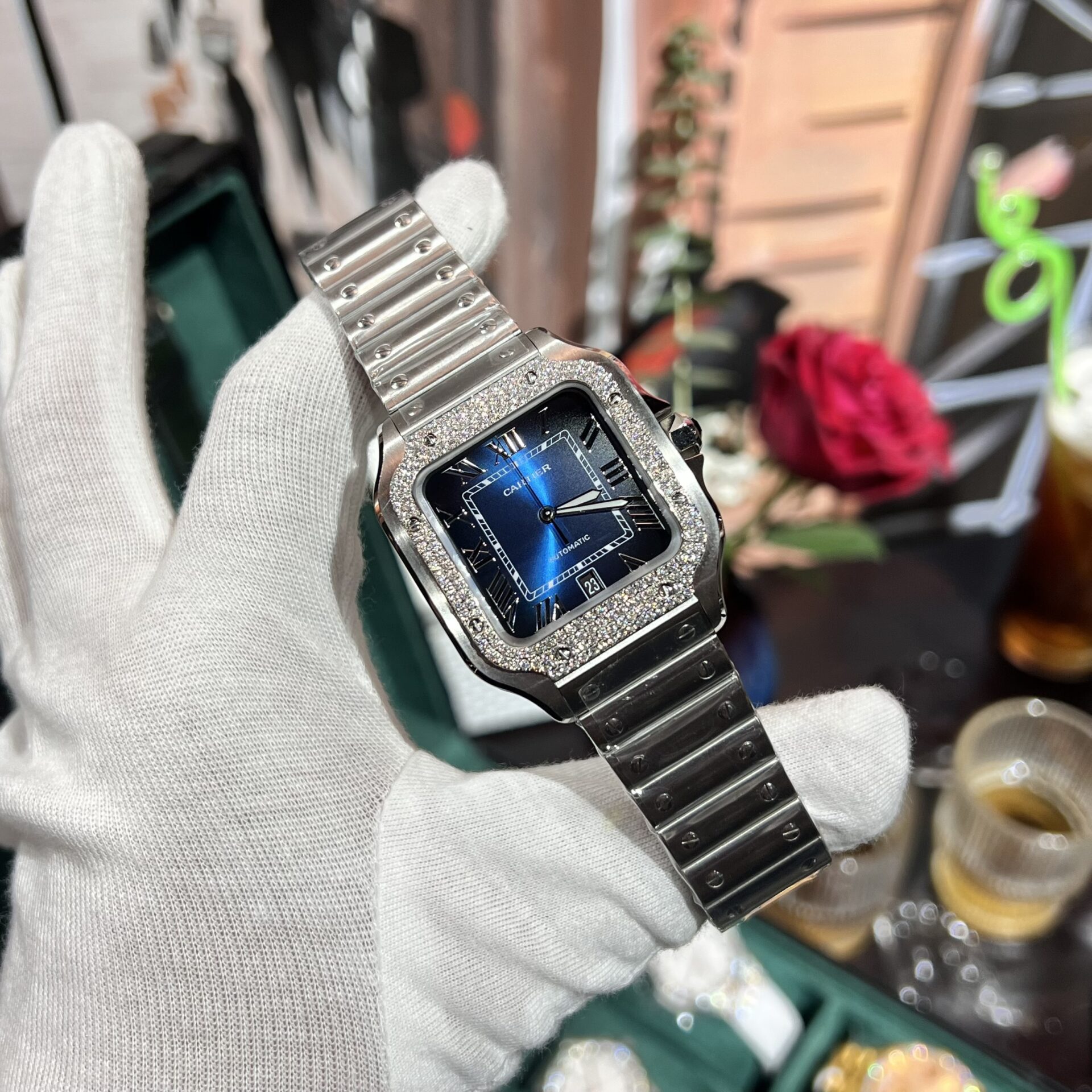 Cartier Replica Watch Santos Moissanite Diamond Bezel Blue Dial BV Factory 39.8mm - Elite Watch Atelier