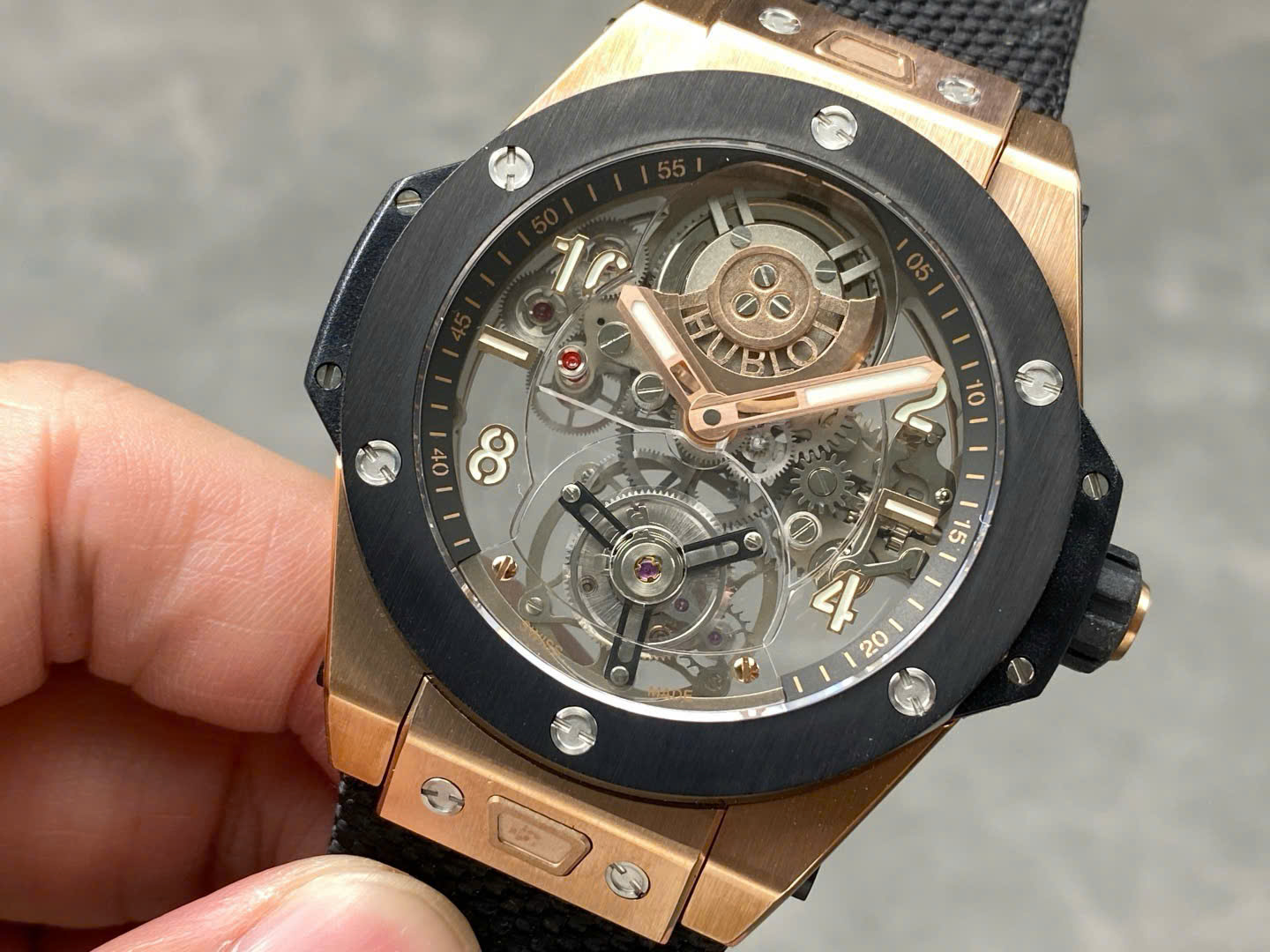 Hublot Big Bang Tourbillon Skeleton Dial Best Replica Watches Fabric Strap 45mm - Top club