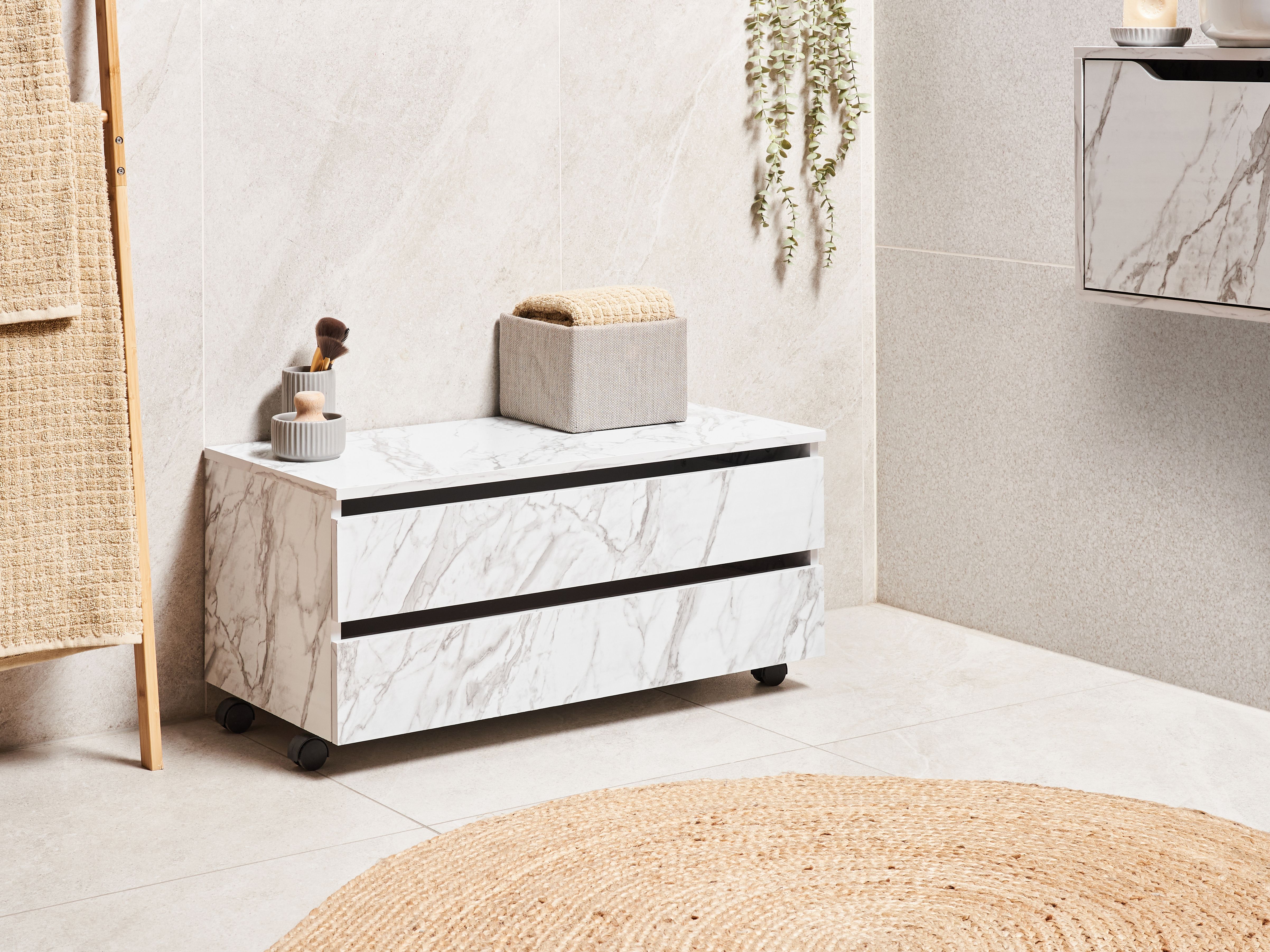 Bathroom Cabinet TERESINA with Wheels 80 cm White Marble