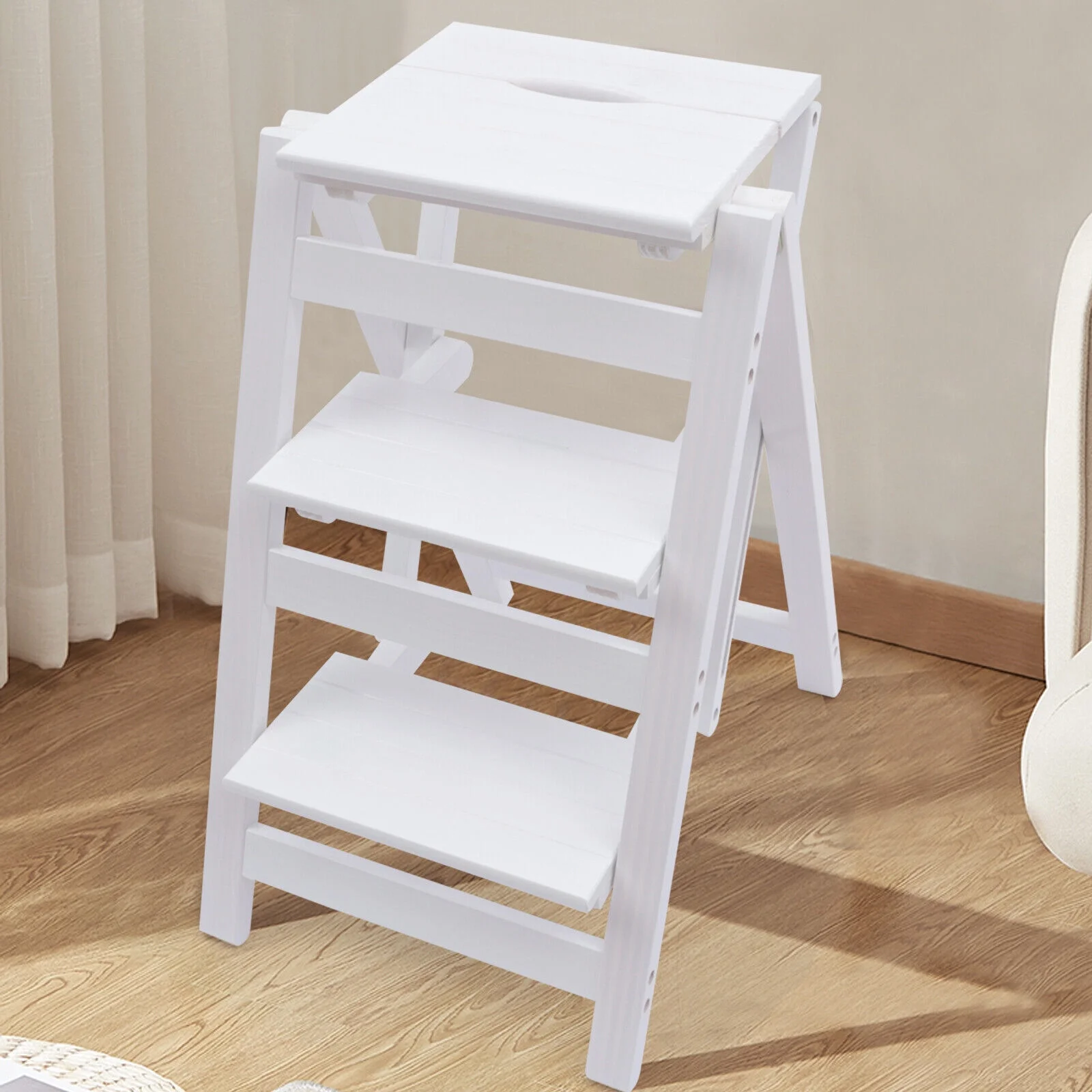 White 3-Tier Step Stool Solid Wood Folding Ladder Anti-Slip Step Stool - Image 12