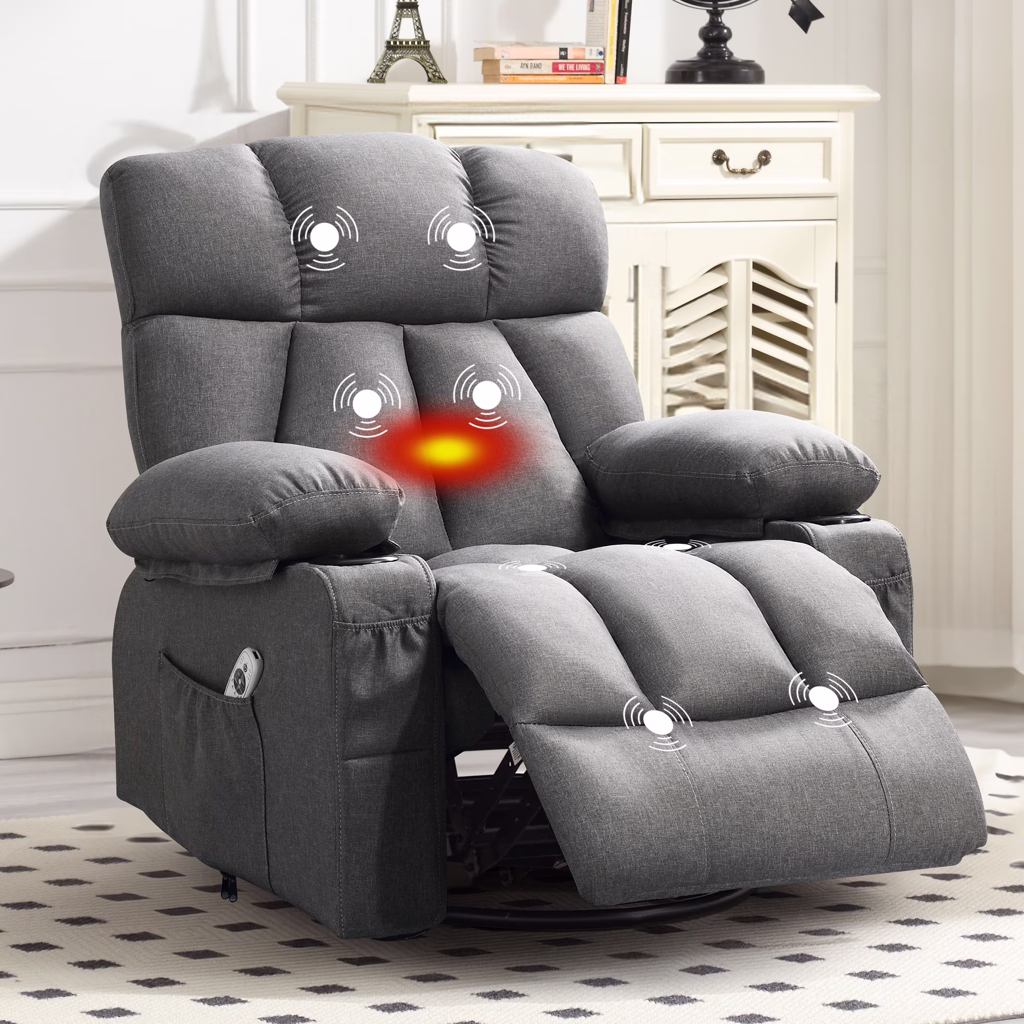 JONPONY Manual Recliner Chair with Heat Therapy and Massage Function, Heavy Duty Reclining Mechanism Massage Chair, Elderly Single Rocker Sofa with Cup Holders for Bedroom Home Theater,Grey - Image 9