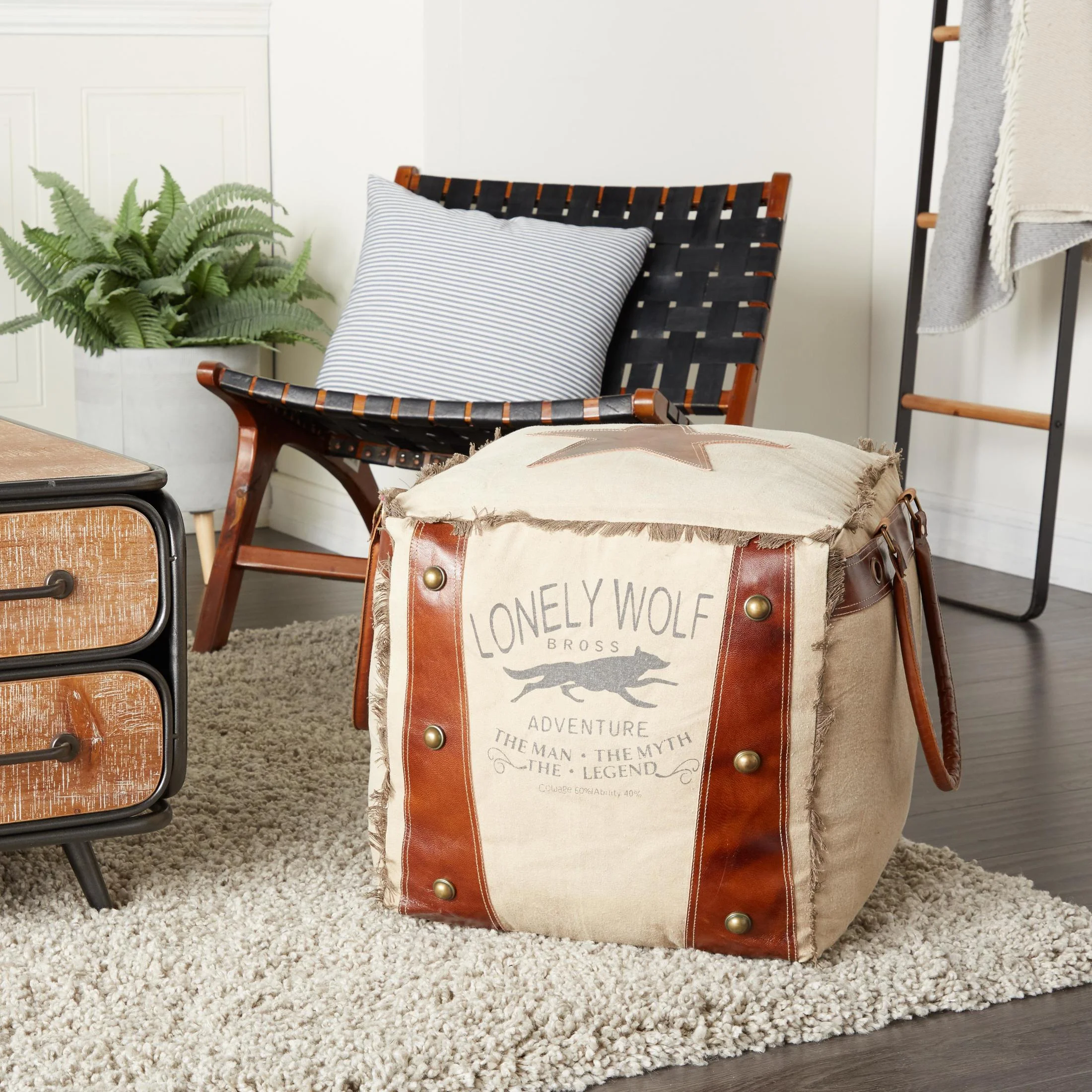 DecMode Rustic and Organic Square Ottoman Fabric Pouf features White Canvas and Brown Leather Handles with 