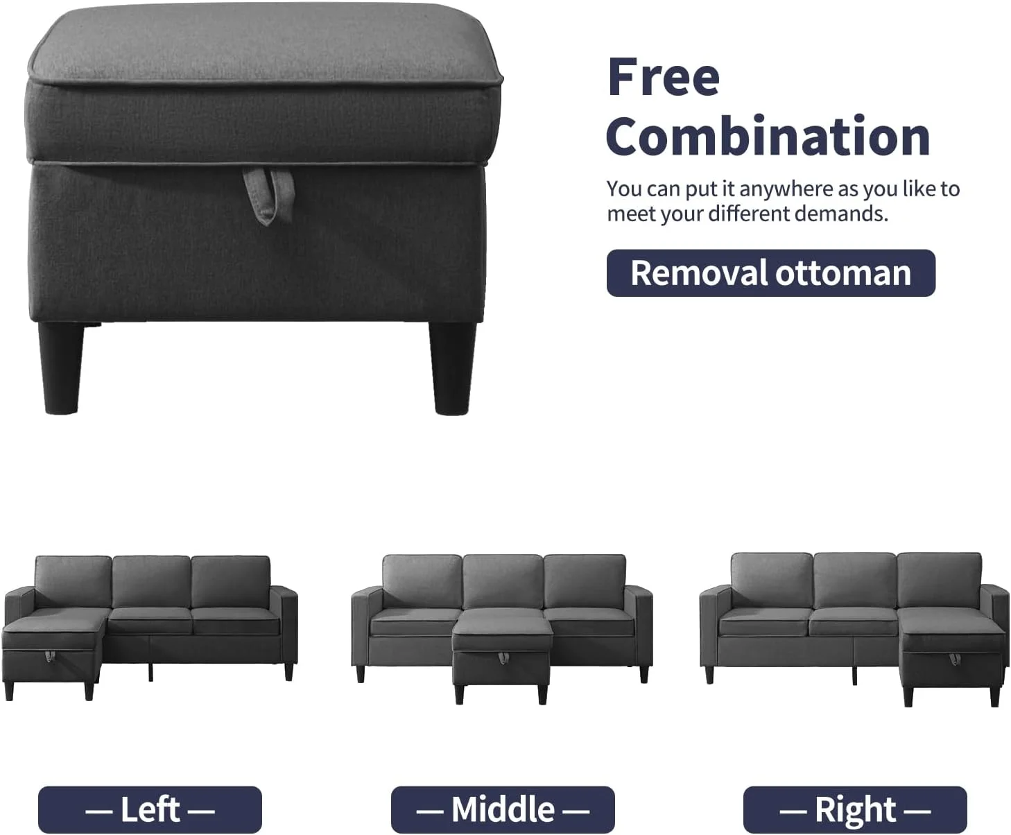 ijuicy Sectional Sofa Set,3PCS Living Room Furniture Couch Sets with Movable Storage Ottoman & Side Pockets,Include Sofa,Loveseat&Chair,Dark Gray - Image 4