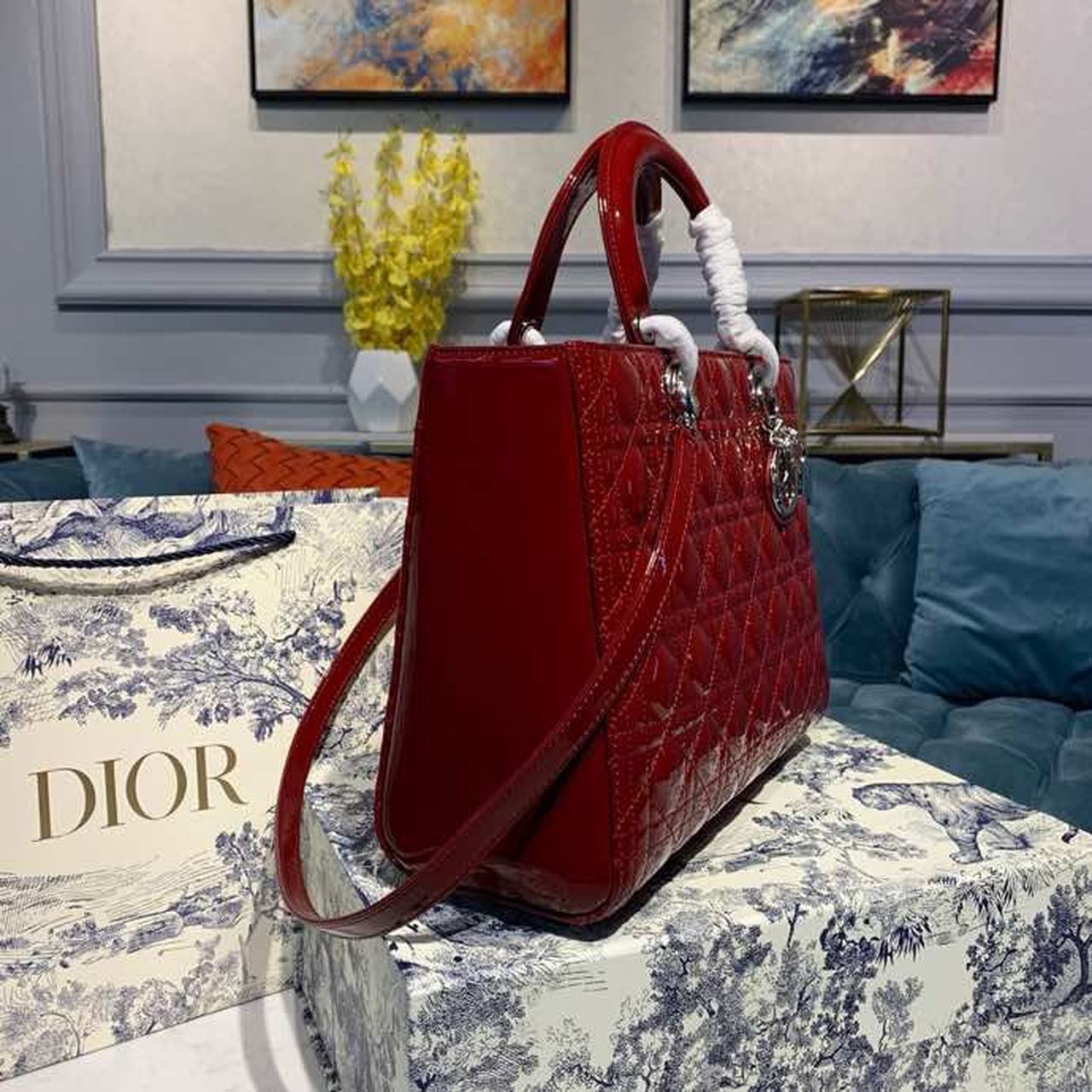 Christian Dior Large Lady Dior Bag Silver Hardware Cherry Red Patent For Women 12.5in/32cm CD1:1High-quality replica