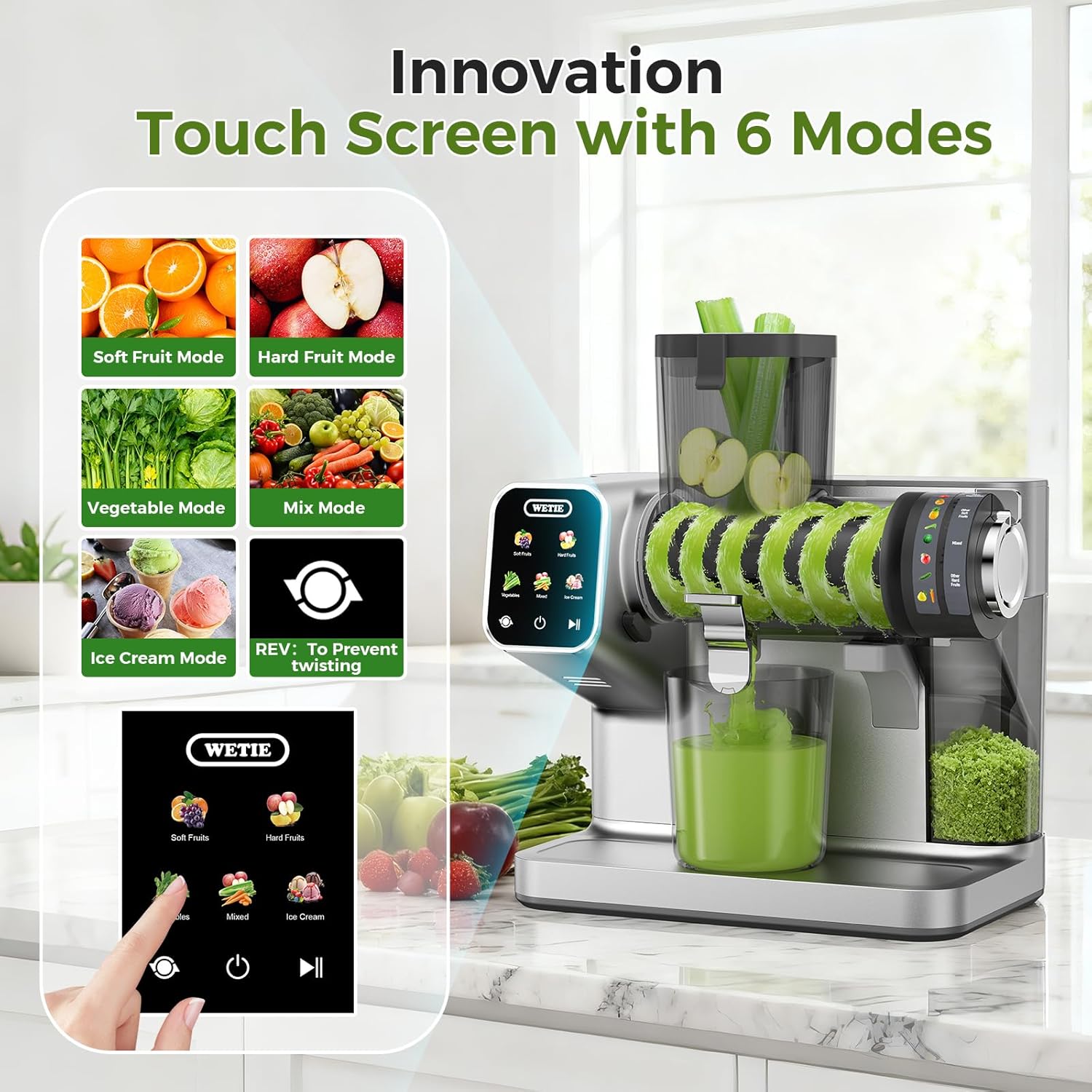 WETIE Cold Press Juicer, Powerful Juicer Machines with Adjustable Juicing Pressure, 99% High Juice Yield, Quiet Slow Masticating Juicer with Touch Screen, 3.54'' Feed Chute, Easy to Clean with Brush