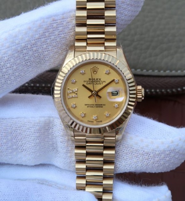 Replica Rolex DateJust 31mm Fluted Bezel RG Case RG Gold Dial A2235 - Elite Watch Atelier