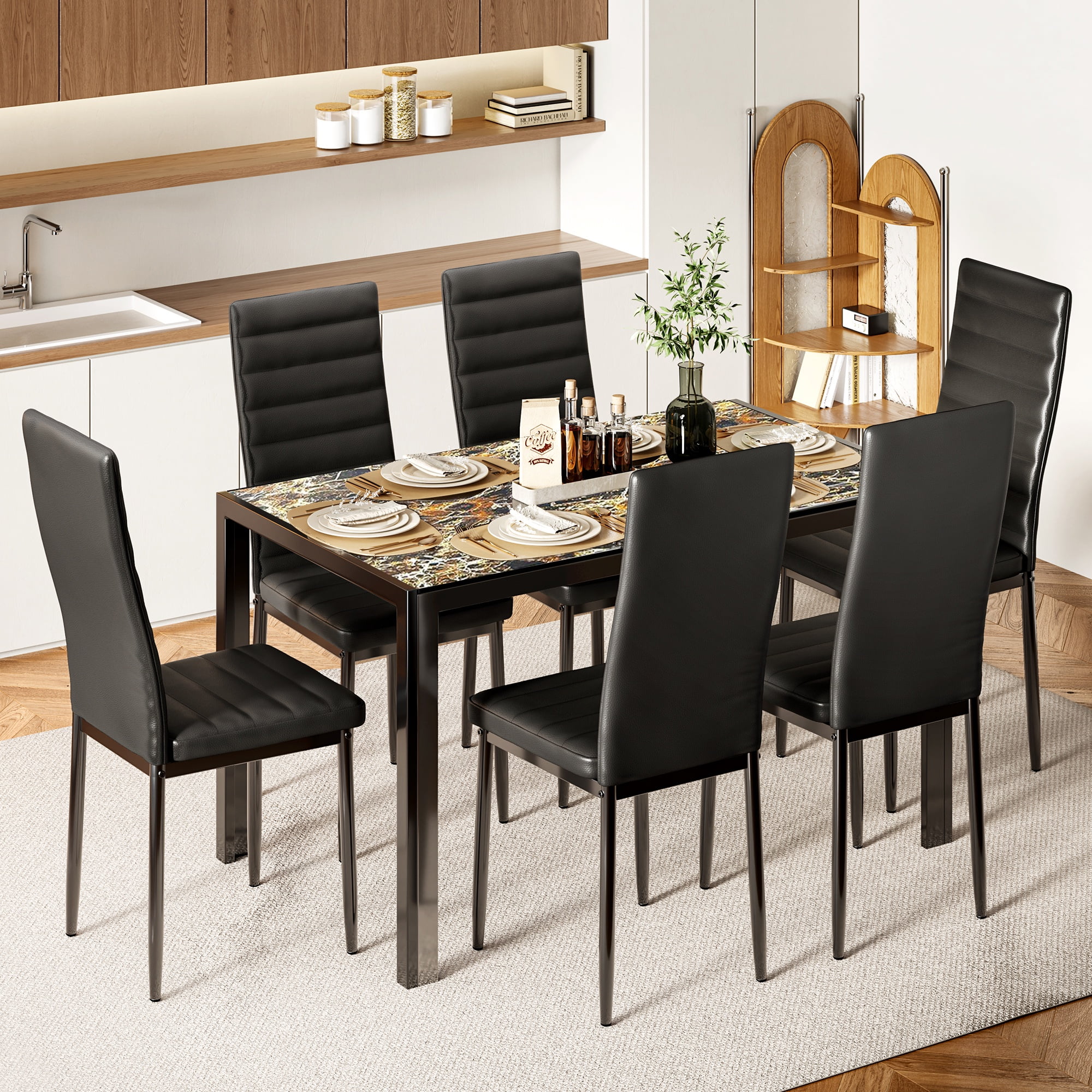 Asofer Modern 7 Piece Dining Table Sets for 6, Glass Kitchen Table, PU Leather Chair, Dining Room, Black - Image 29