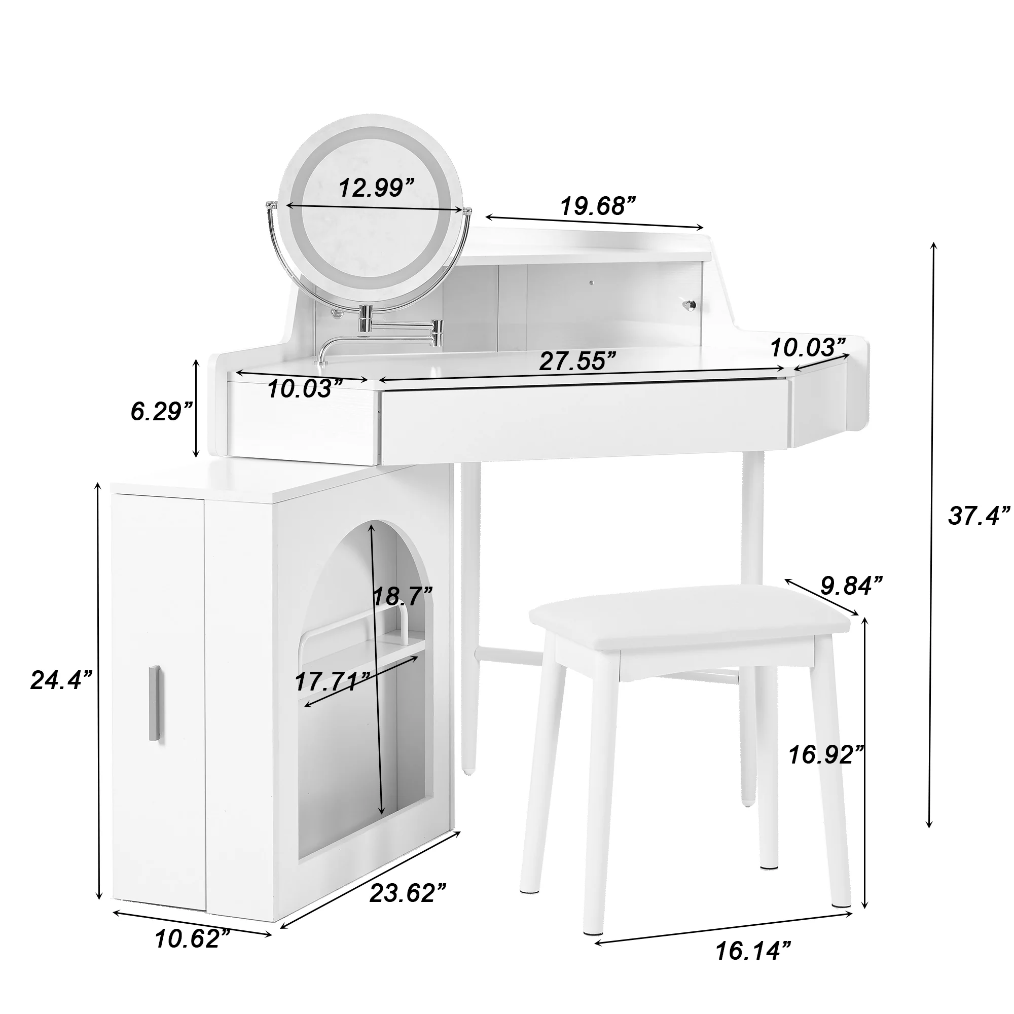 MODERNLUXE Corner Makeup Vanity Desk with Folding Mirror and Lights,Modern Vanity Set with 1 Stool,2 Drawers and 3 Shelves for Bedroom,Women, and Girls,Walnut - Image 20