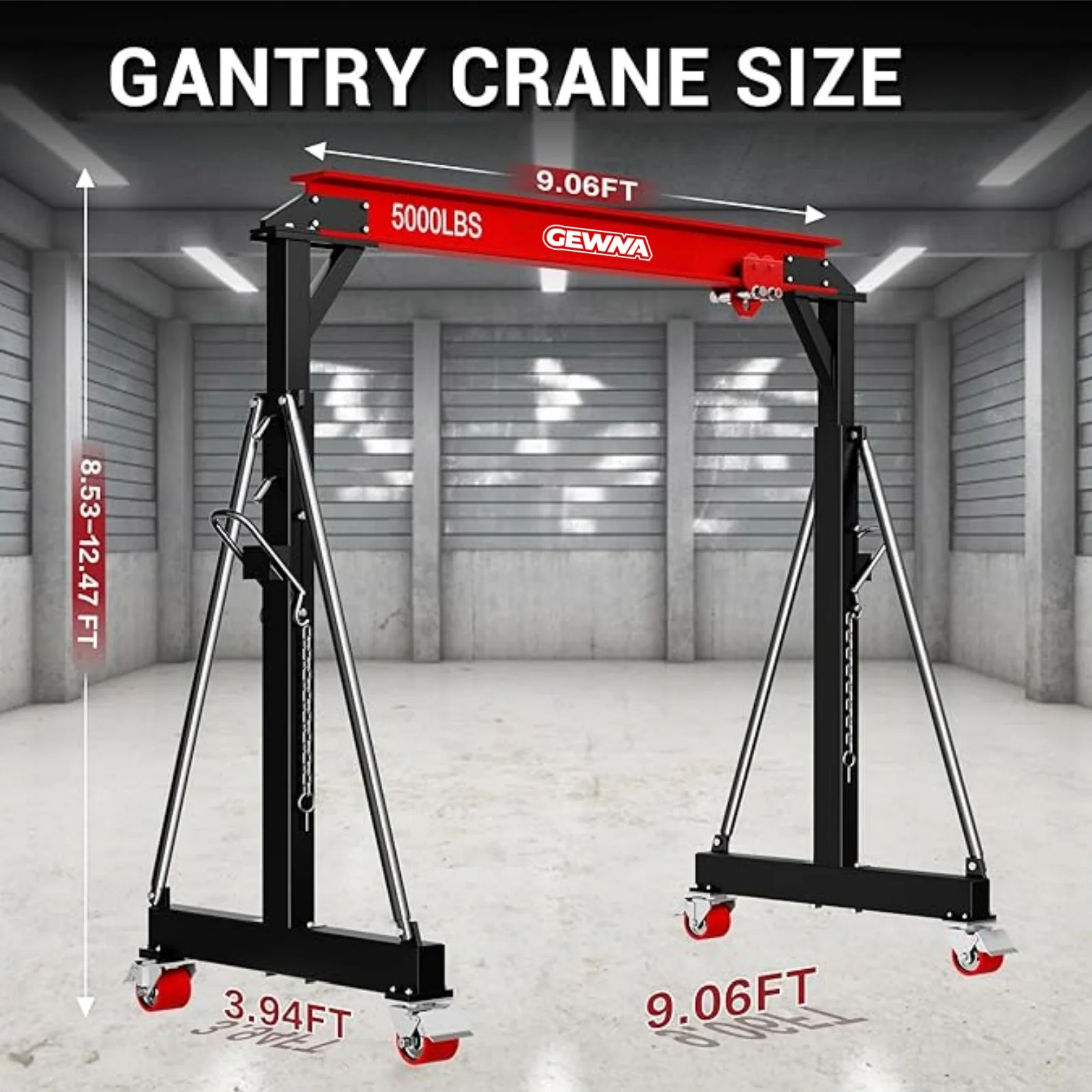 Gewna Adjustable Steel Gantry Crane, 2 Ton/ 5000 lb Capacity, 8.2-12.5ft, Portable Lift Hoist on Wheels with Manual Trolley - Image 4