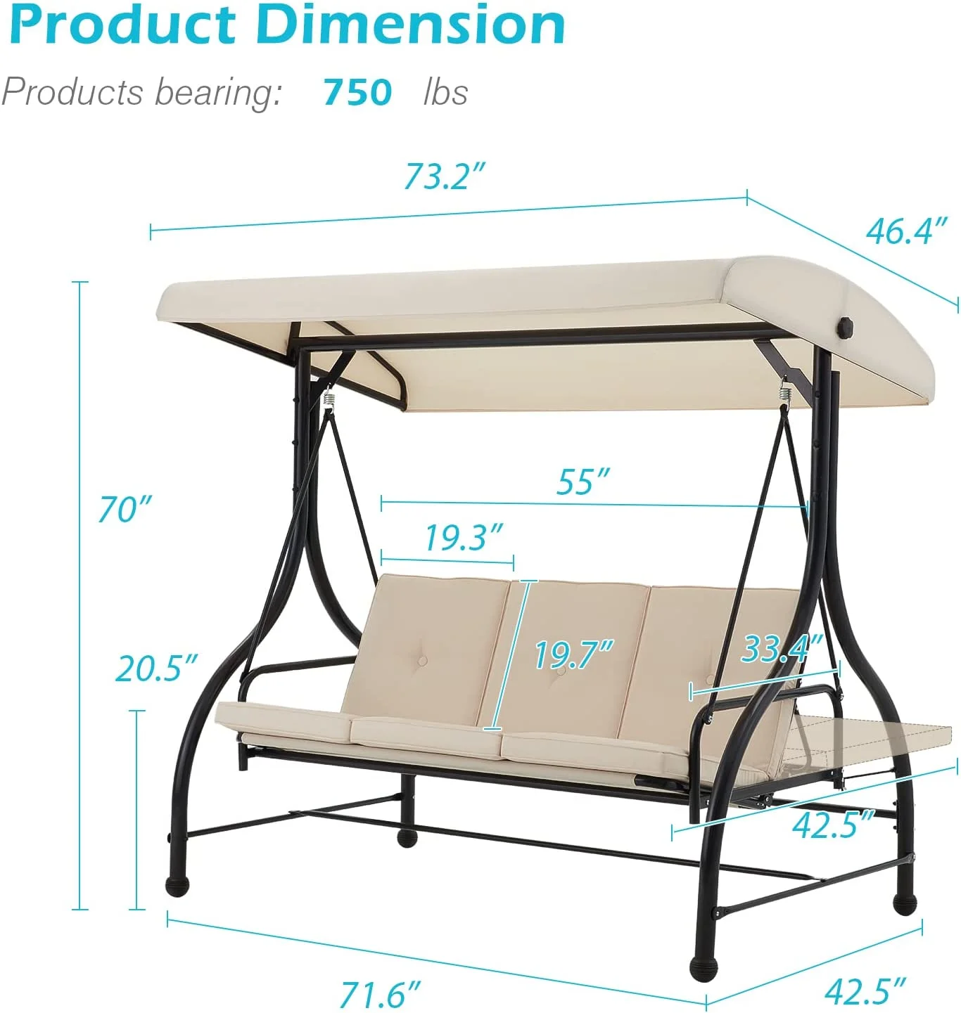 AECOJOY 3 Person Canopy Steel Porch Swing, Converting Swing Glider Hammock-Beige - Image 11