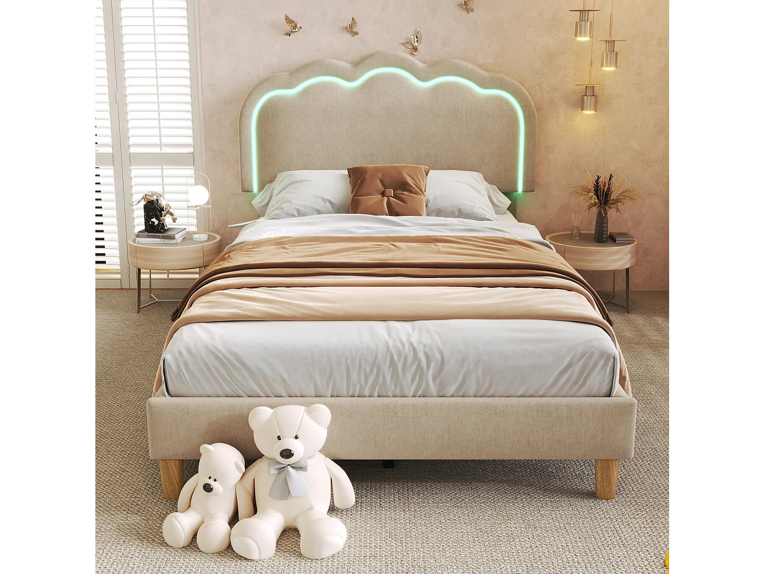 Lit enfant 90x190 cm  - Lit avec éclairage LED - tête de lit réglable - lin beige