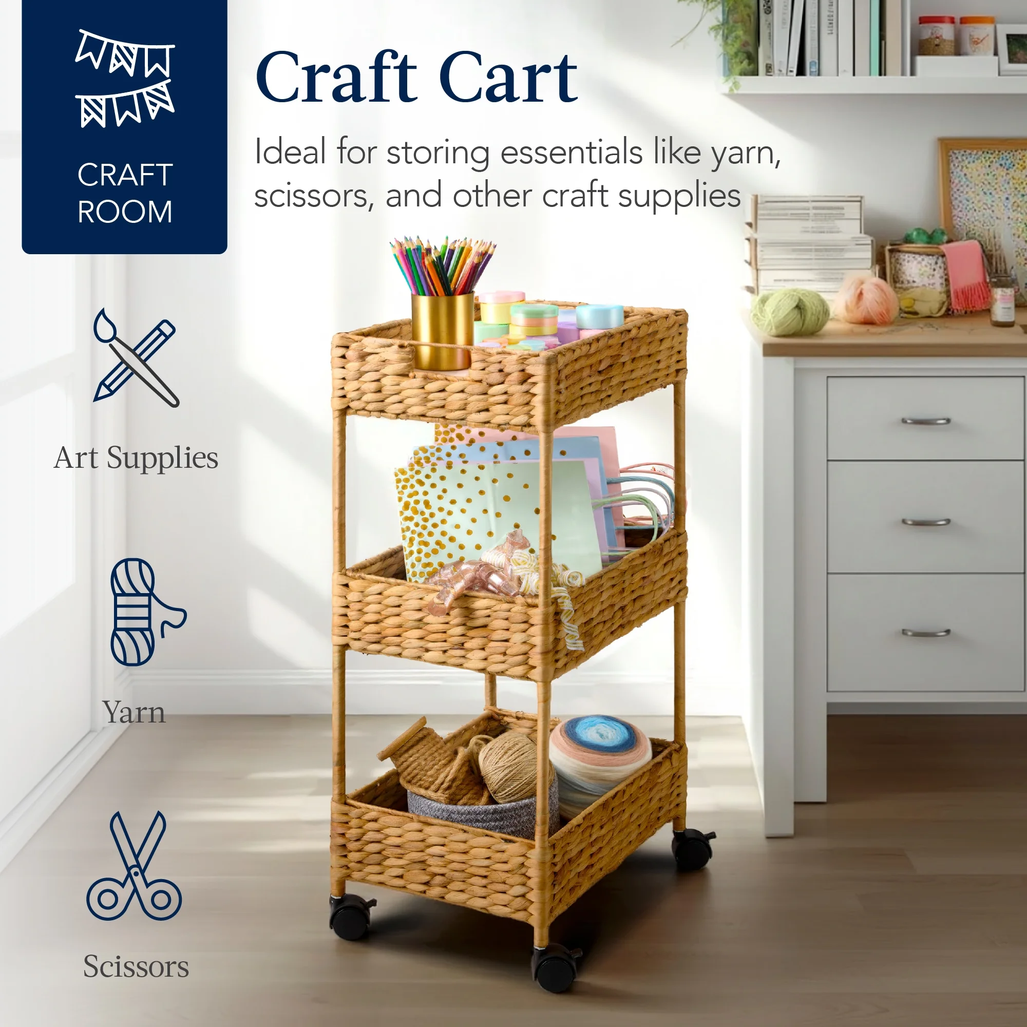 Best Choice Products 3-Tier Water Hyacinth Rolling Nursery Caddy w/ Wheels, Utility Cart, Storage Organization - Natural - Image 8