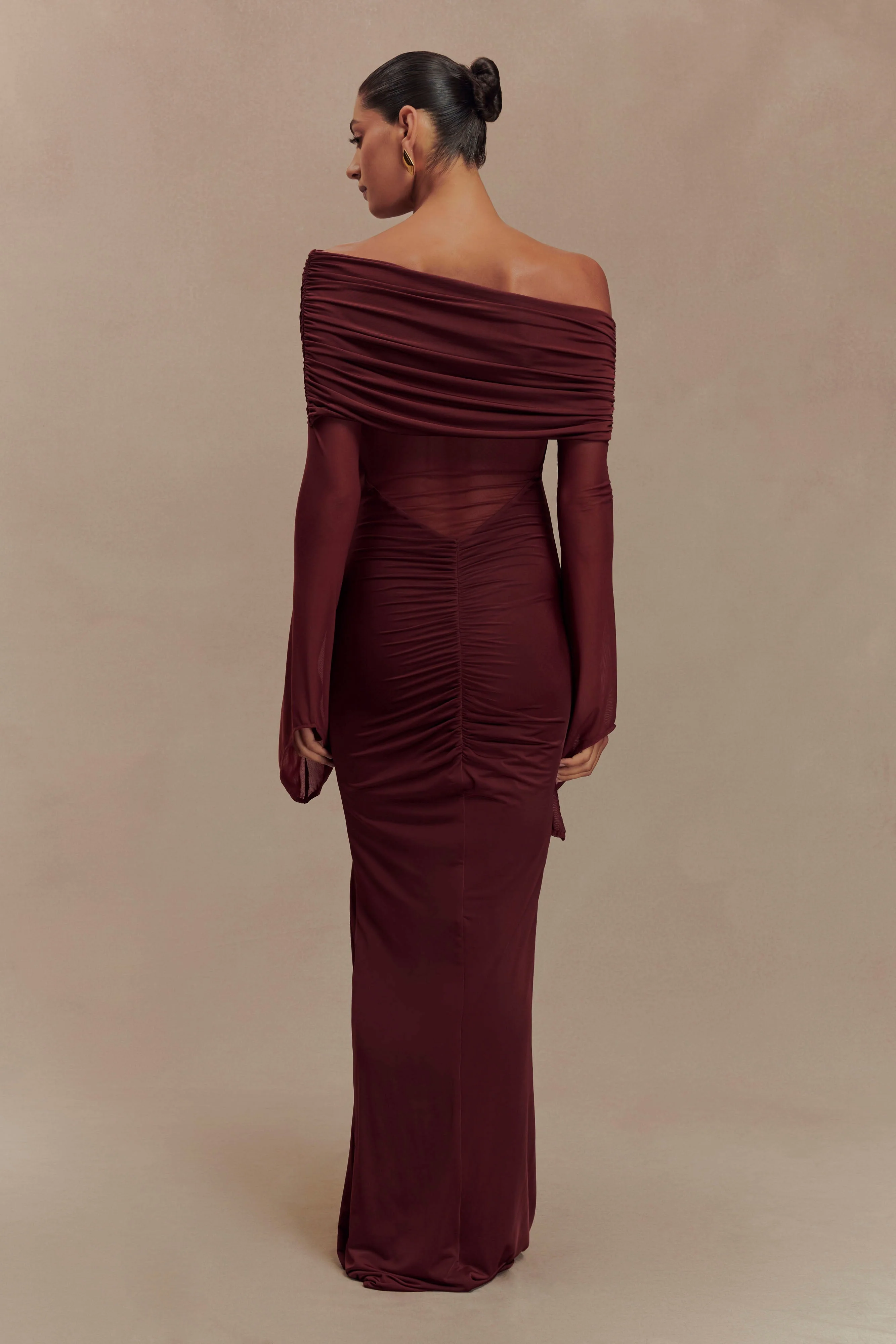 Kaitlin One Shoulder Slinky And Mesh Maxi Dress - Burgundy