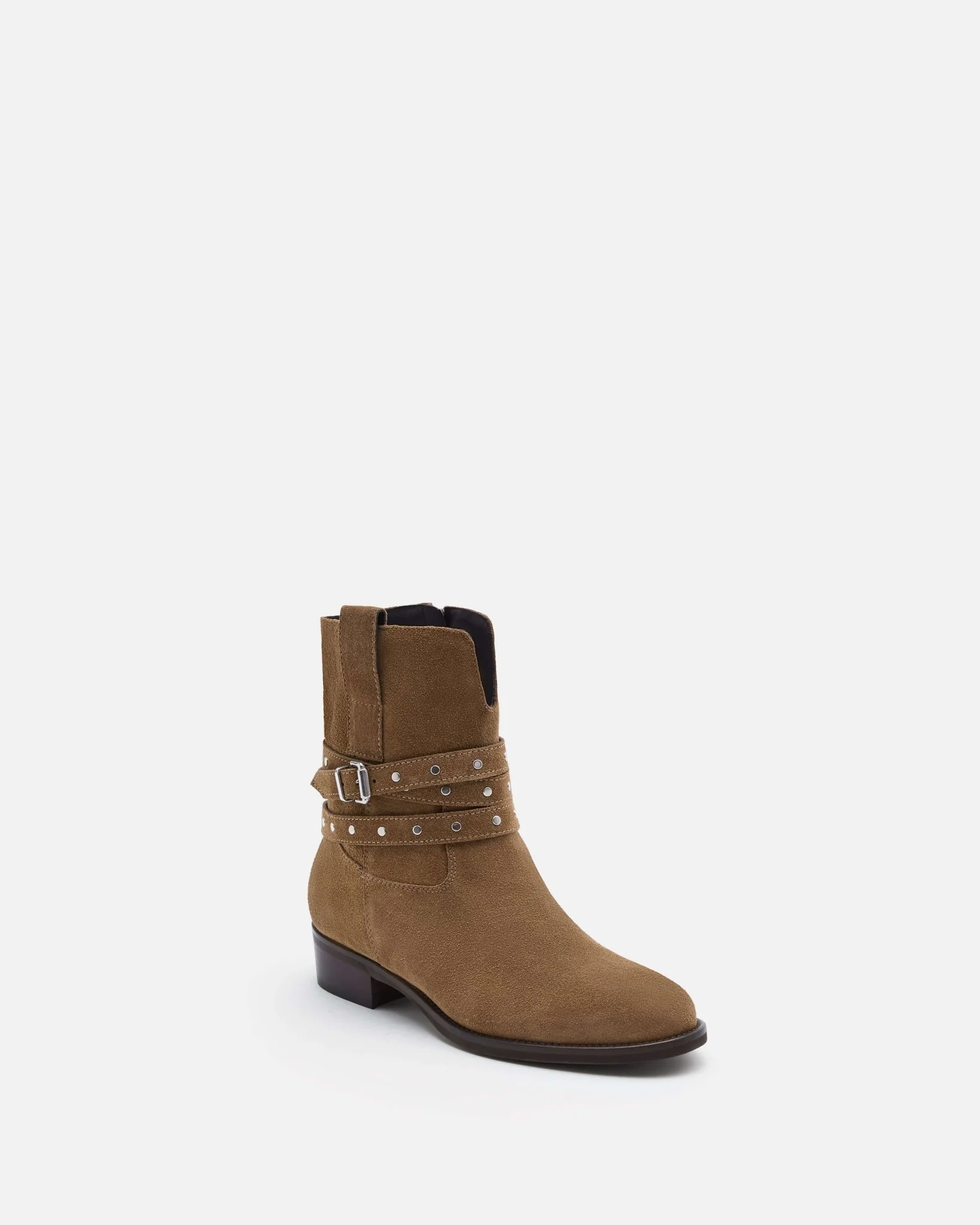 BOTTINES CARMEN/VEL - En cuir velours à brides cloutées taupe