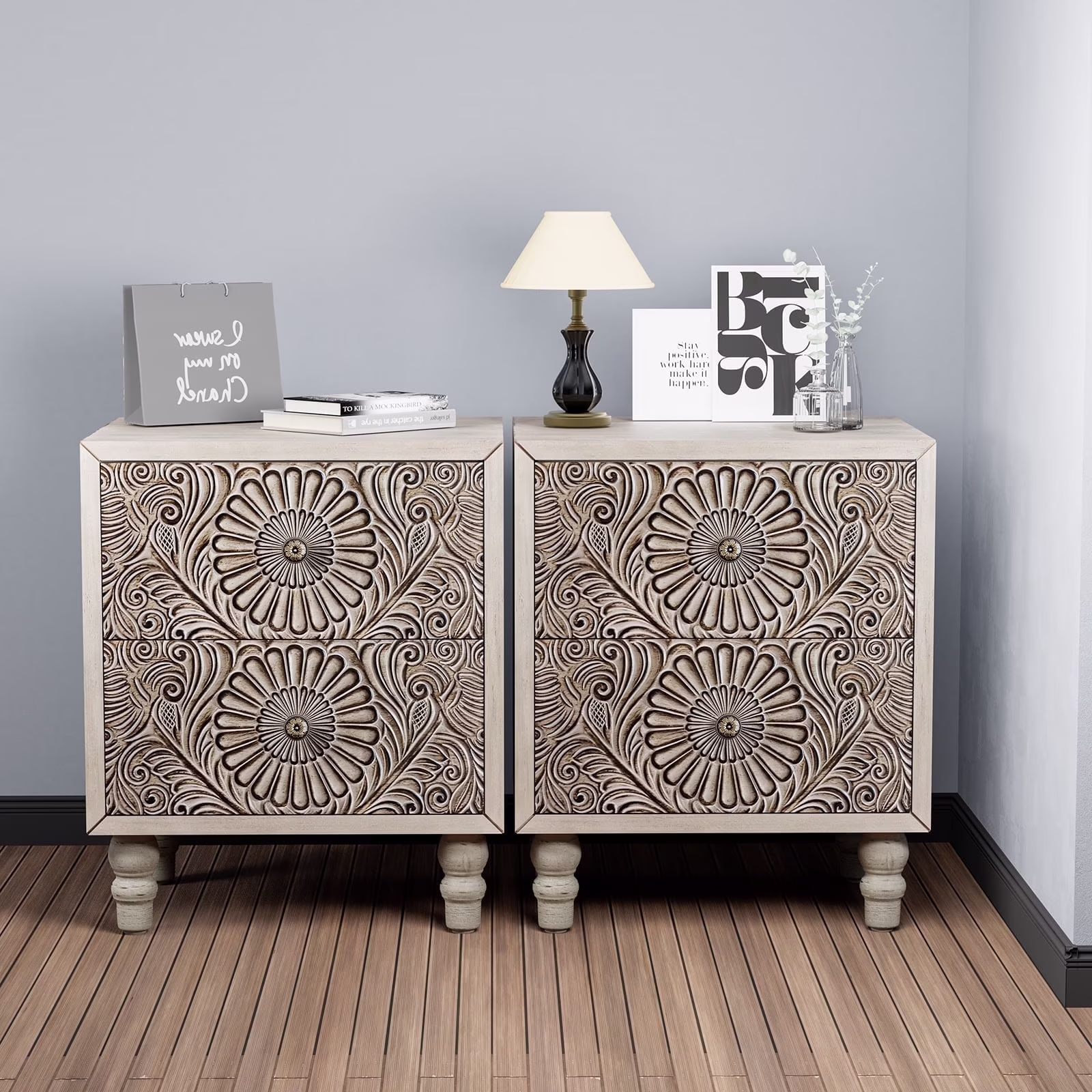 FOROUTIA Wooden Nightstand with 2 Drawers,Vintage MDF Bedside Tables with Storage - Image 5
