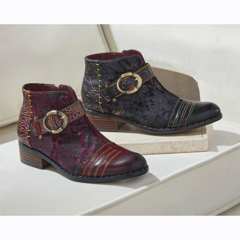 Spring Step Women's Georgiana Leather Buckle Bootie with Colorful Stitching - MIDNIGHT VELVET CATALOG