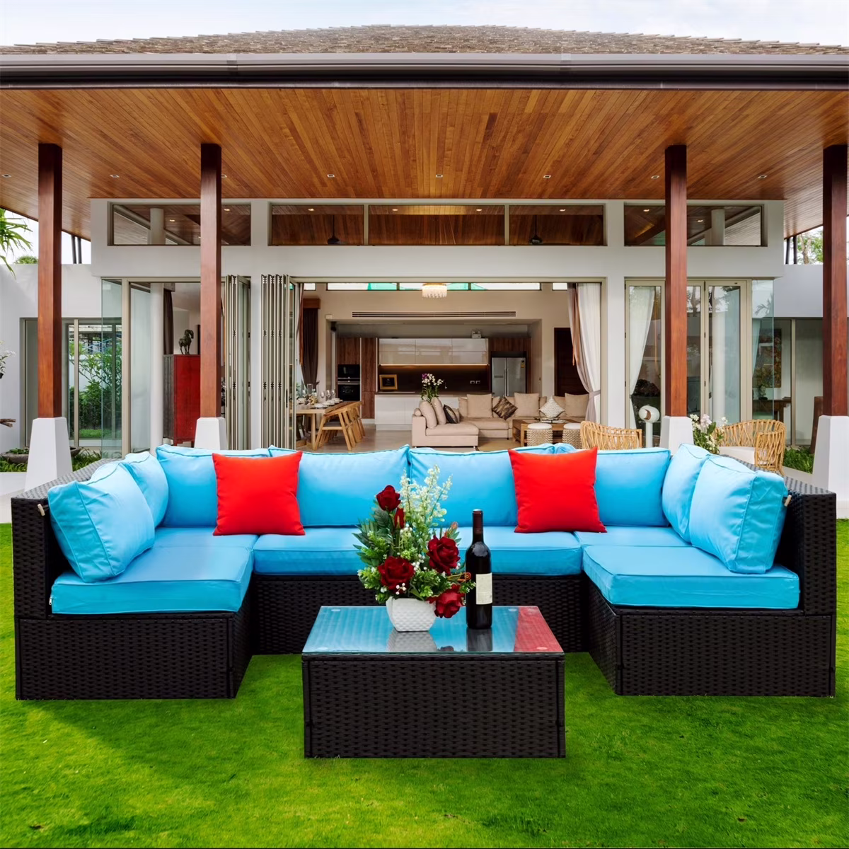 7 Piece Patio Furniture Sets Outdoor Sectional PE Rattan Outdoor Furniture Patio Conversation Set with Cushions and Glass Coffee Table, for Balcony Lawn and Garden, Gray - Image 7