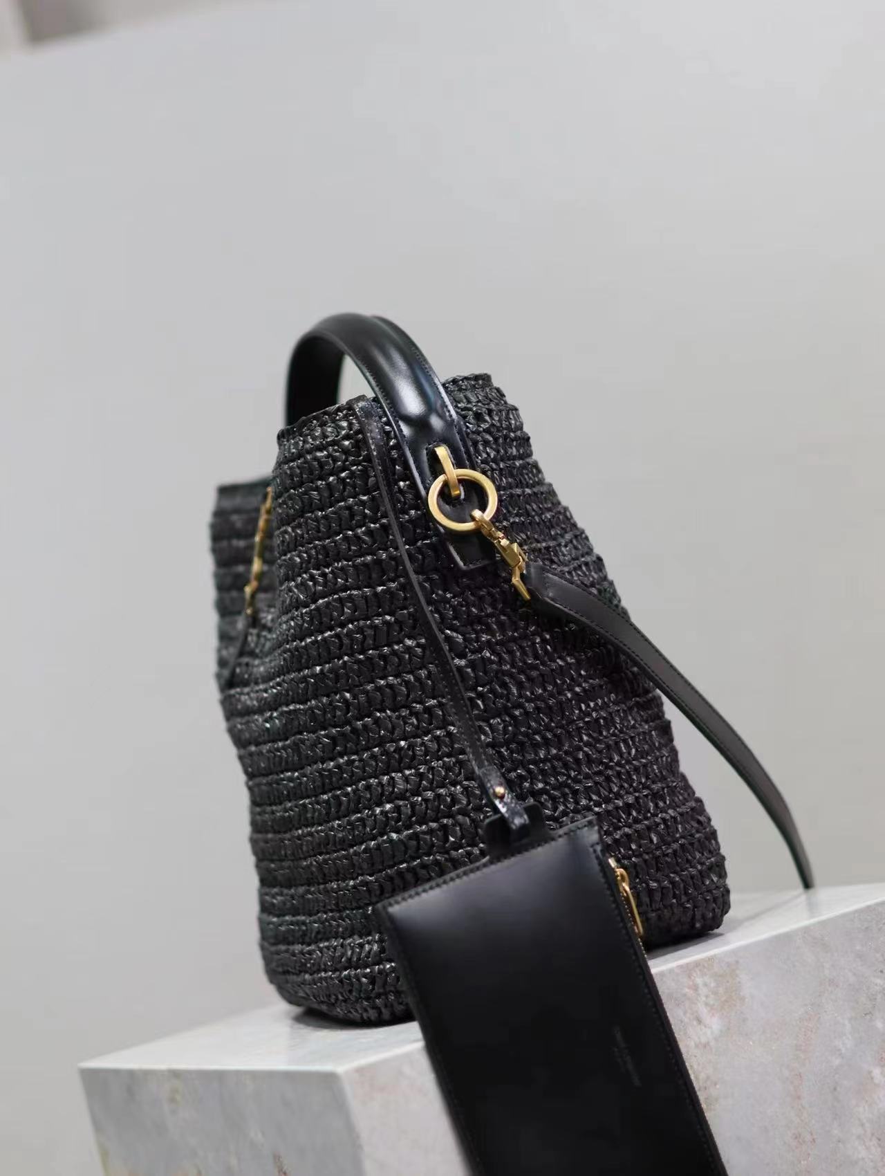 SAINT LAURENT Le 37 leather-trimmed raffia bucket bag