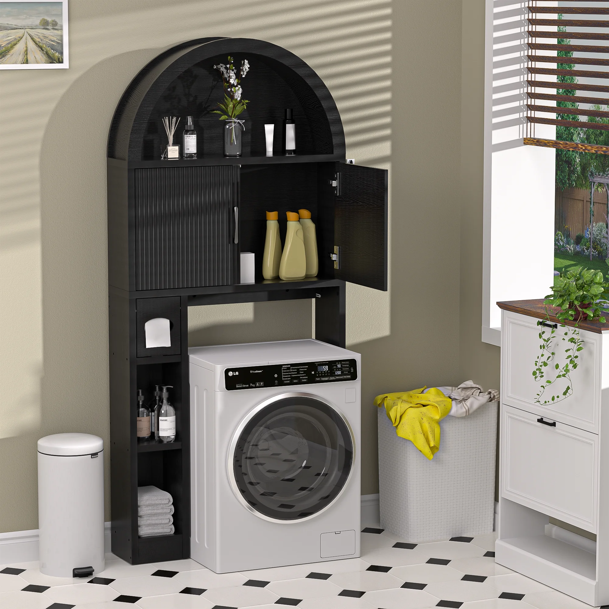 HARIPUL Over The Toilet Storage Cabinet w/ Unique Wood Grain & Arc Design, Freestanding Bathroom Shelf Organizer Space Saver w/ Doors & Anti-Tip Device, Wood Color - Image 50