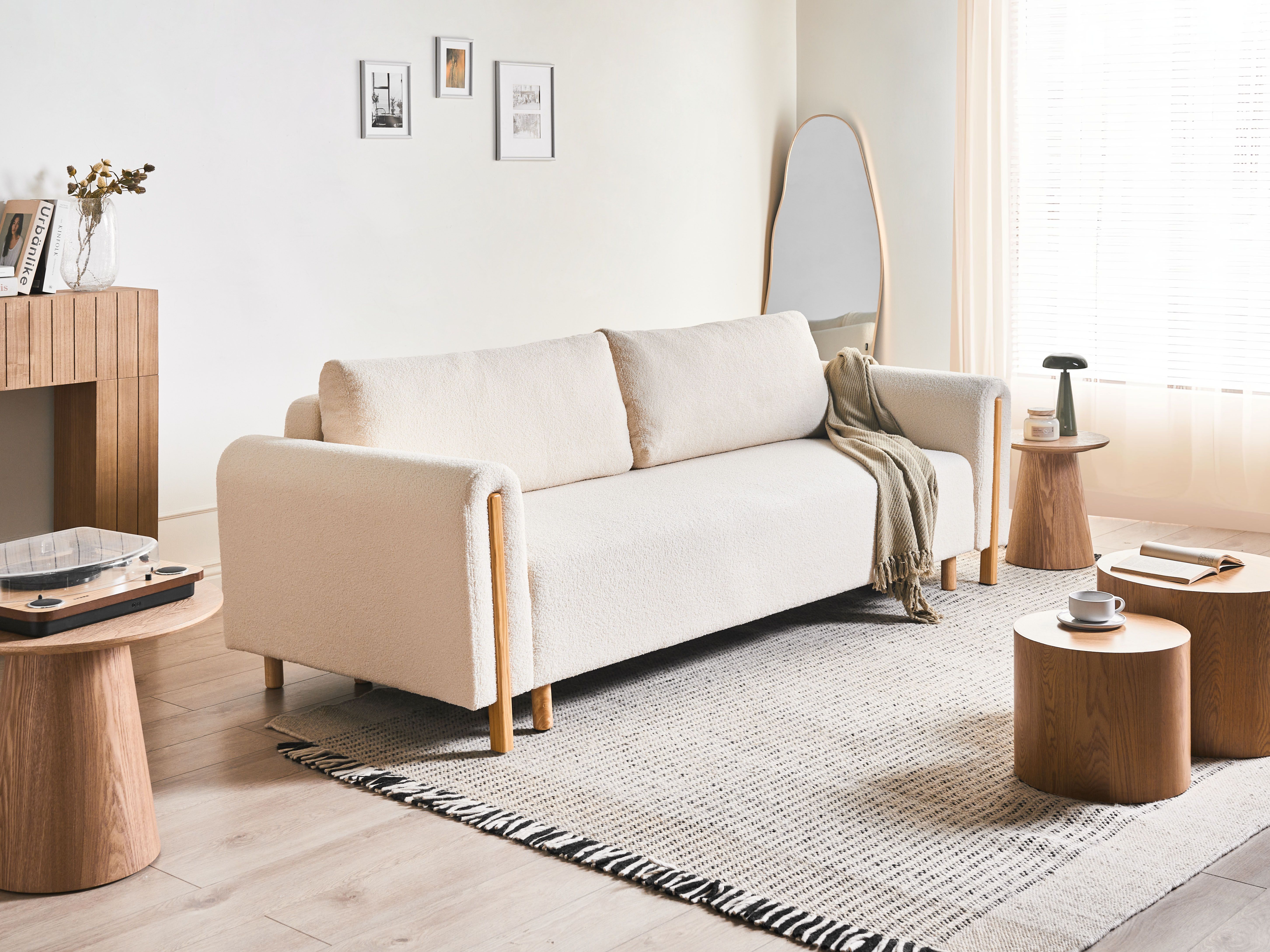 Sofa Bed 3 Seater KVAM Boucle Off-White with Storage