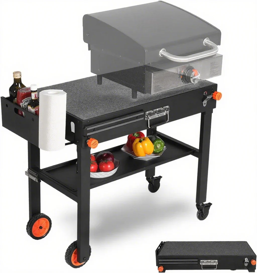 Portable Outdoor Folding Grill Table Cart With Paper Towel Holder, 17.5 in D x 31 in W x 28.3 in H - Model 39 Portable Outdoor Folding Grill Table Cart With Paper Towel Holder, 17.5 in D x 31 in W x 28.3 in H - Model 39